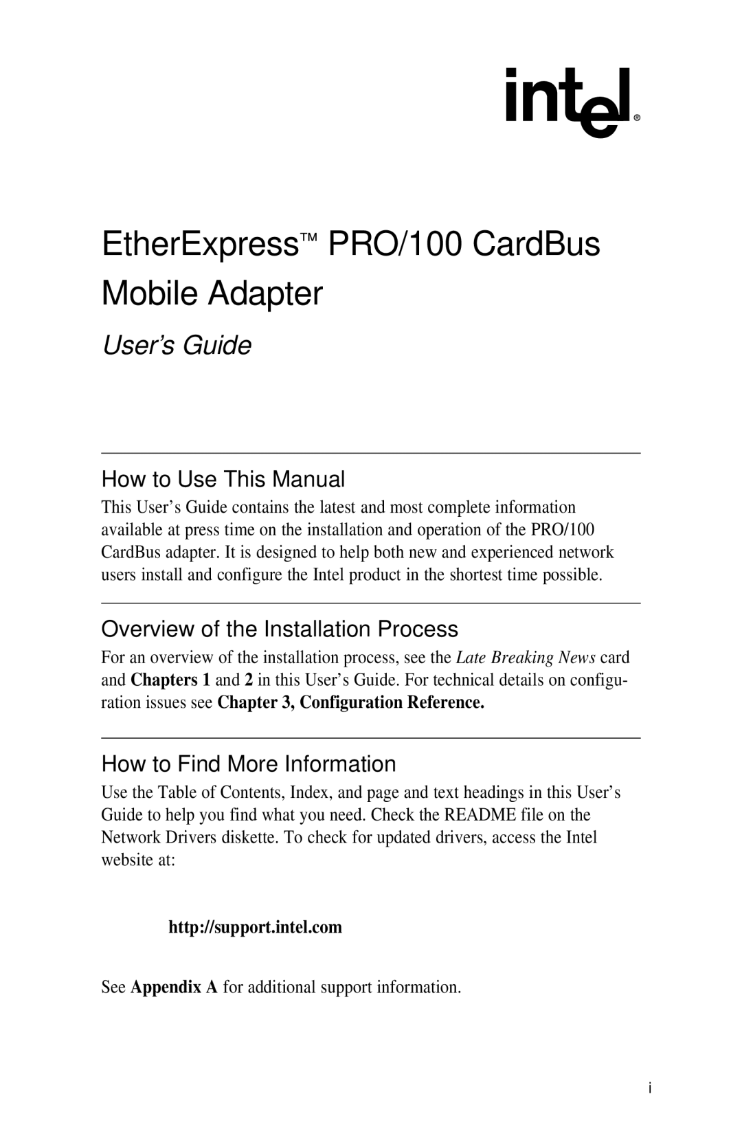 Intel appendix EtherExpress PRO/100 CardBus Mobile Adapter, Http//support.intel.com 