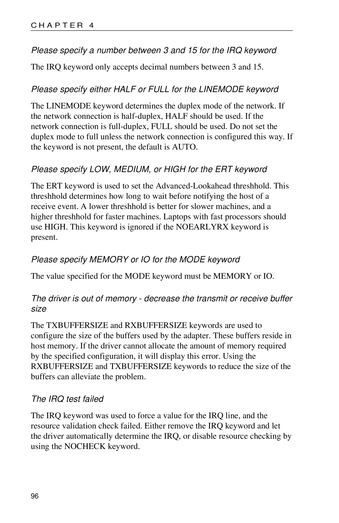 Intel PRO appendix Please specify a number between 3 and 15 for the IRQ keyword 