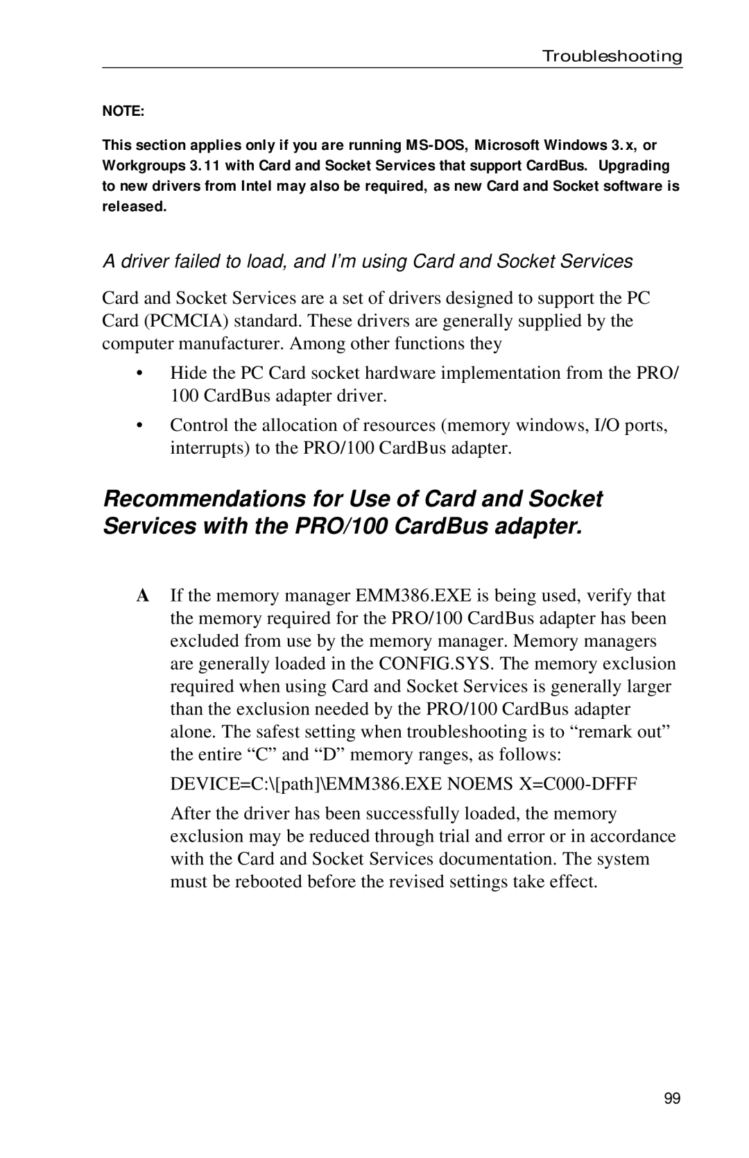 Intel PRO appendix Troubleshooting 