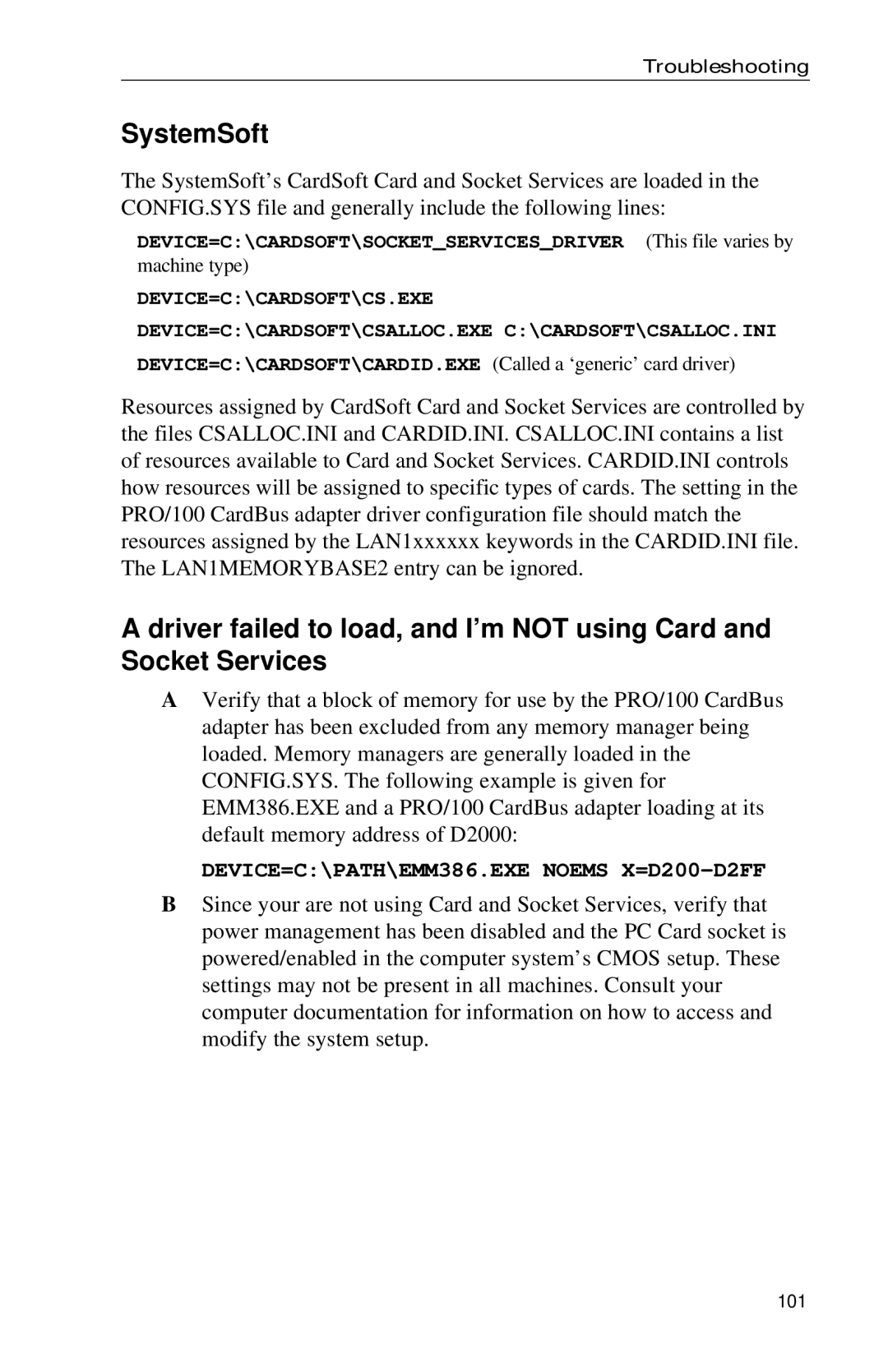 Intel PRO appendix SystemSoft, DEVICE=C\PATH\EMM386.EXE Noems X=D200-D2FF 