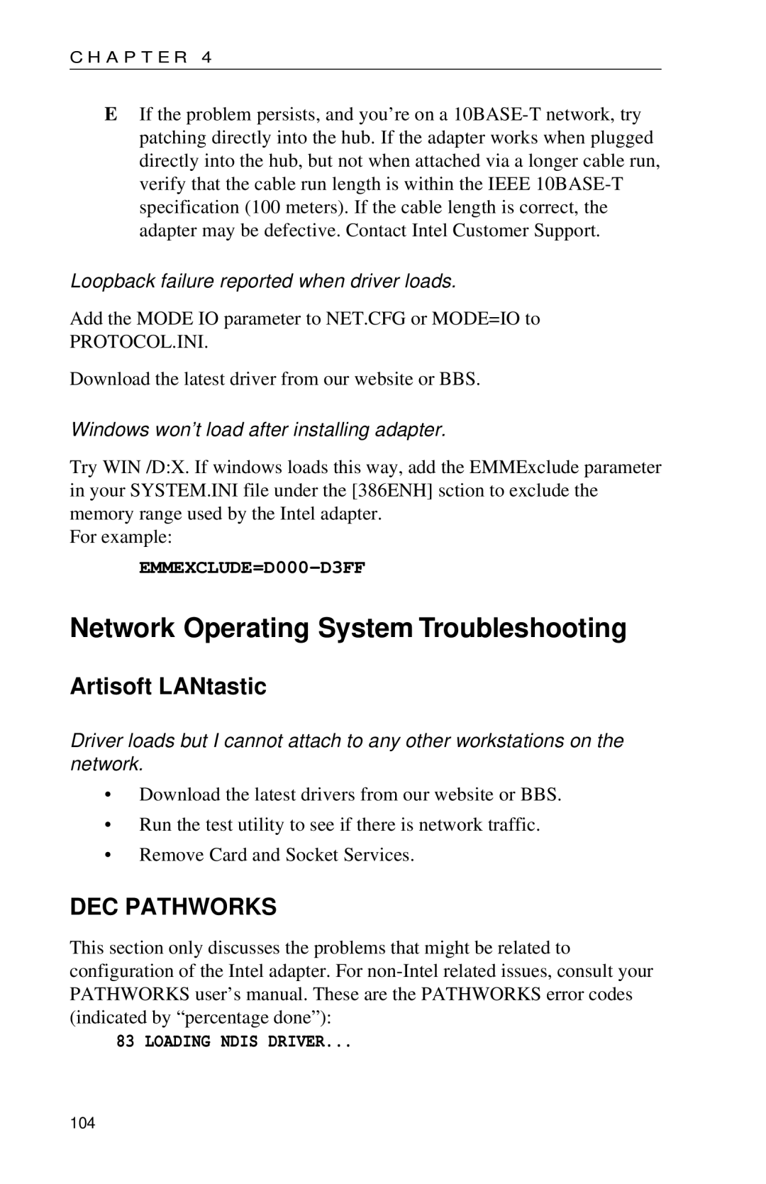 Intel PRO appendix Artisoft LANtastic, EMMEXCLUDE=D000-D3FF, Loading Ndis Driver 