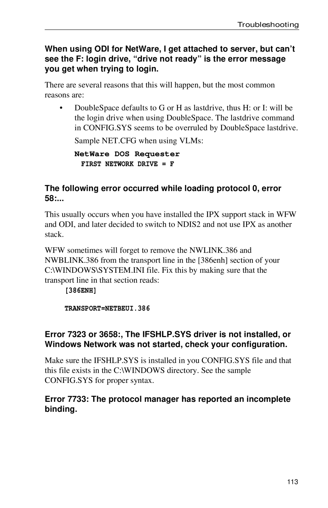 Intel PRO appendix First Network Drive = F, Following error occurred while loading protocol 0, error, TRANSPORT=NETBEUI.386 