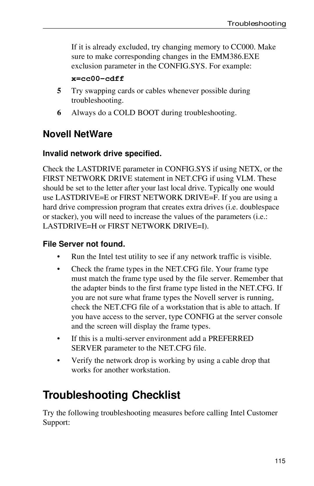 Intel PRO appendix Novell NetWare, Invalid network drive specified, File Server not found 