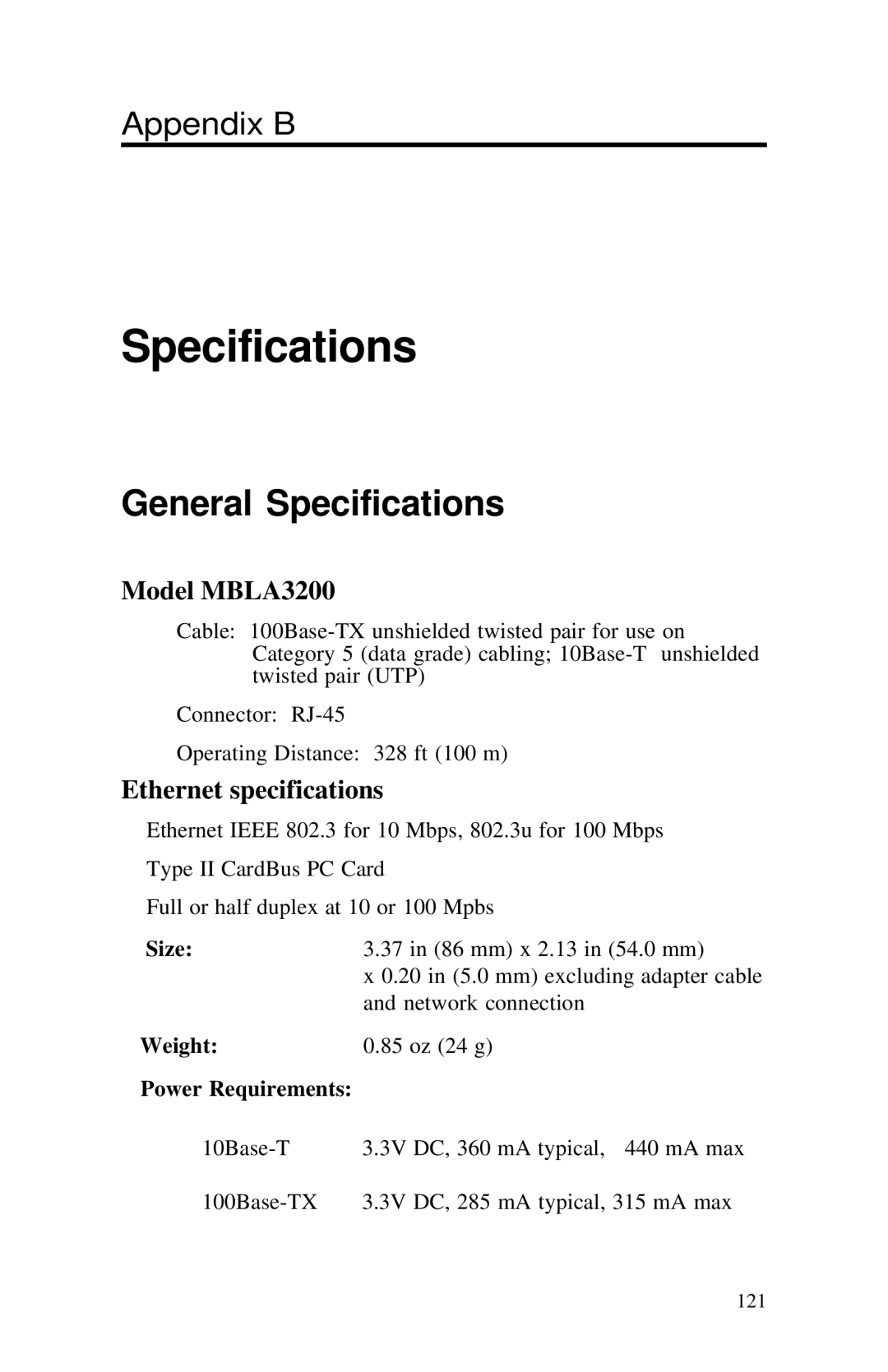 Intel PRO appendix Size, Weight, Power Requirements 