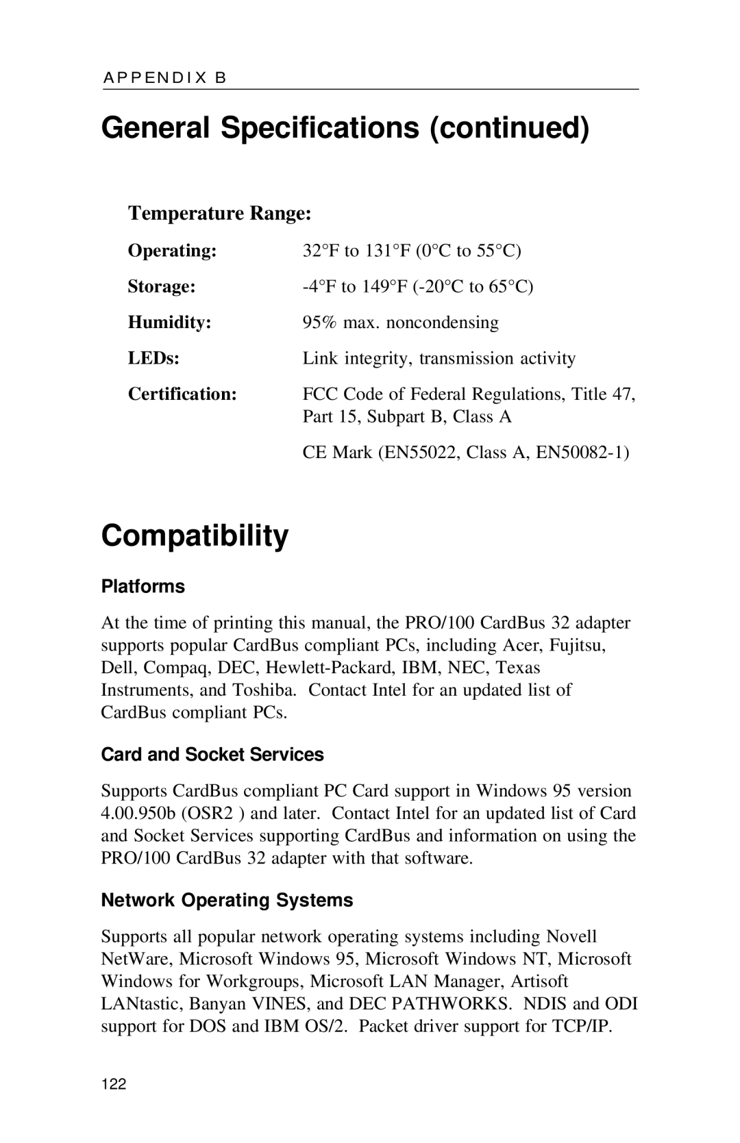 Intel PRO appendix Platforms, Card and Socket Services, Network Operating Systems 