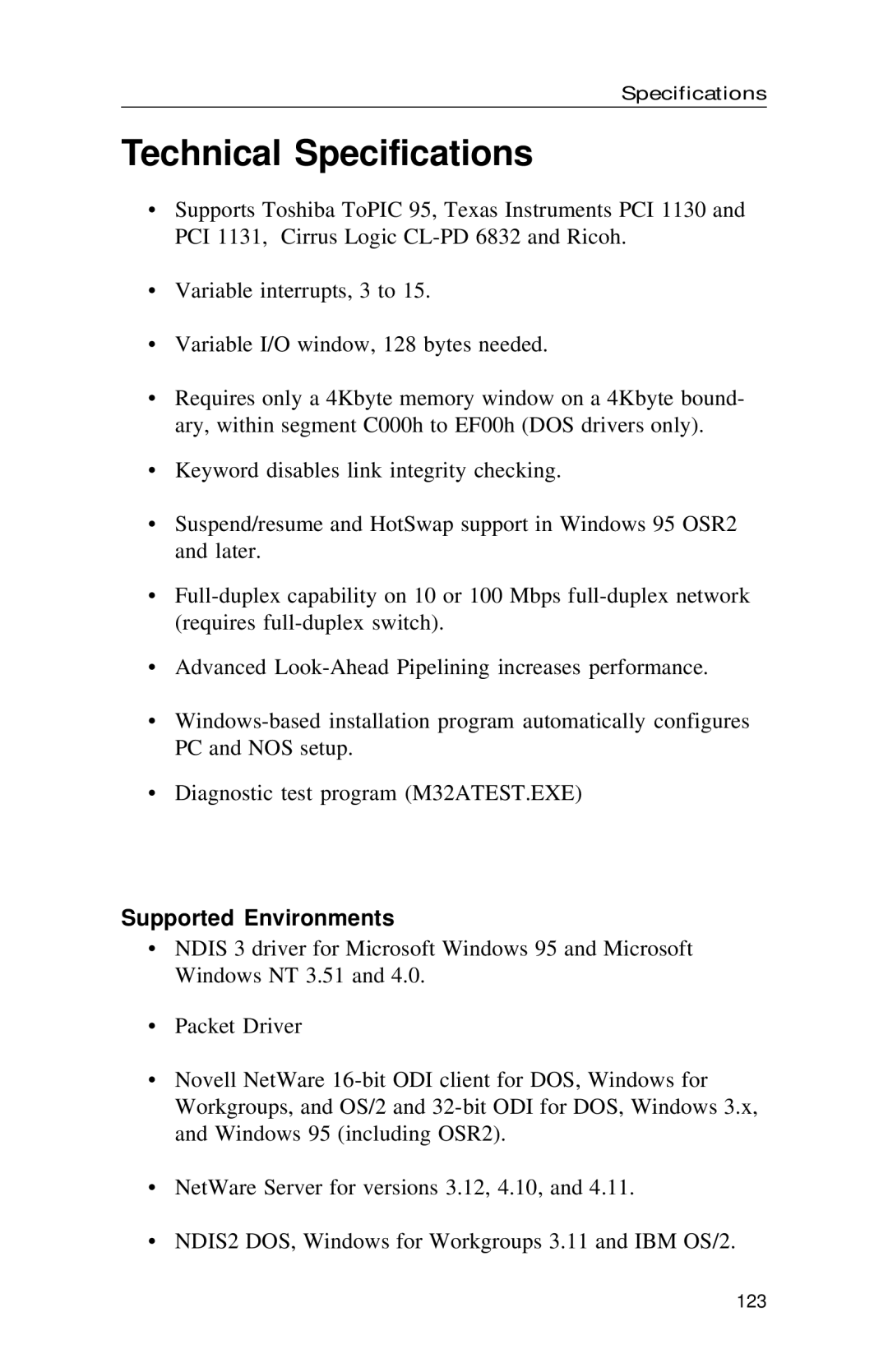 Intel PRO appendix Technical Specifications, Supported Environments 