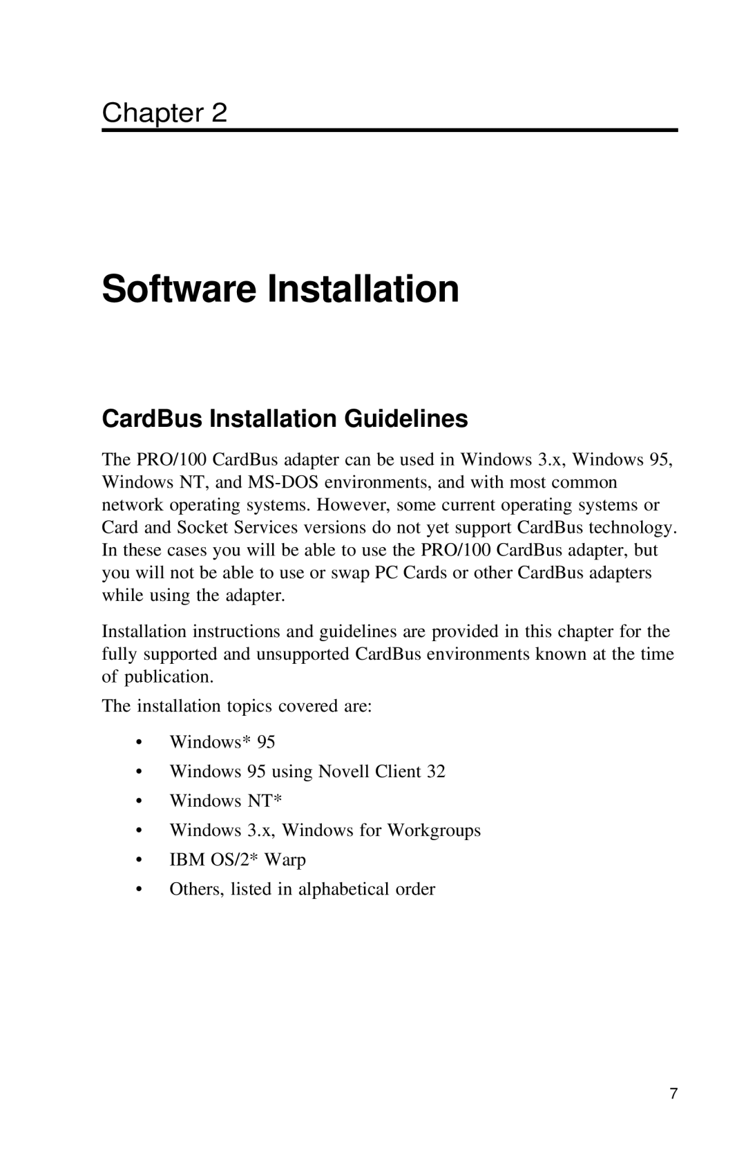 Intel PRO appendix Software Installation, CardBus Installation Guidelines 