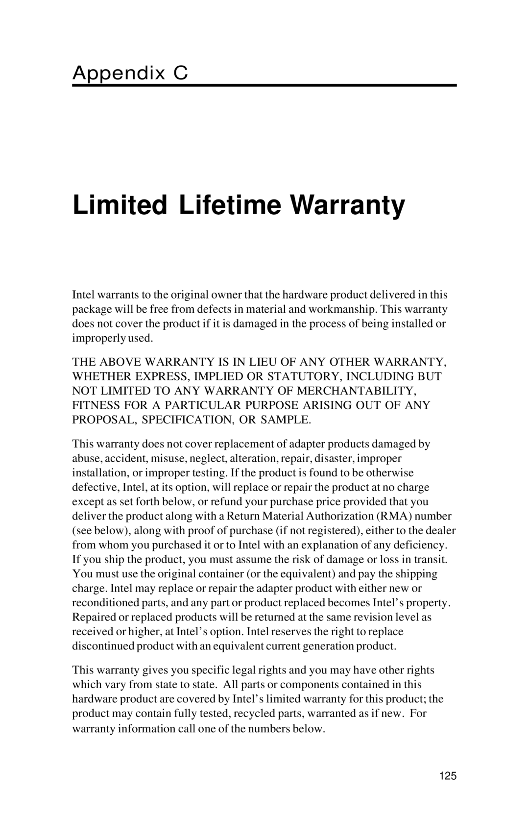 Intel PRO appendix Limited Lifetime Warranty 