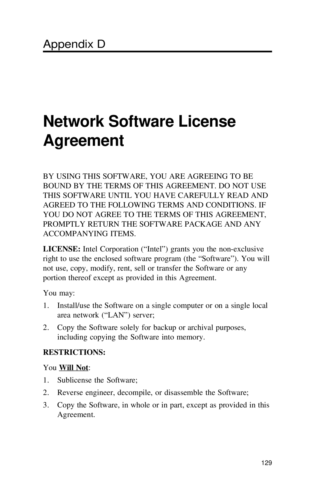 Intel PRO appendix Network Software License Agreement, You Will Not 