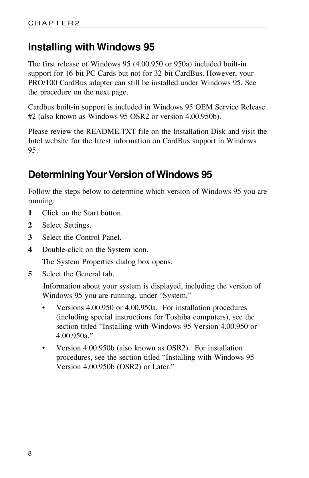 Intel PRO appendix Installing with Windows, Determining Your Version of Windows 