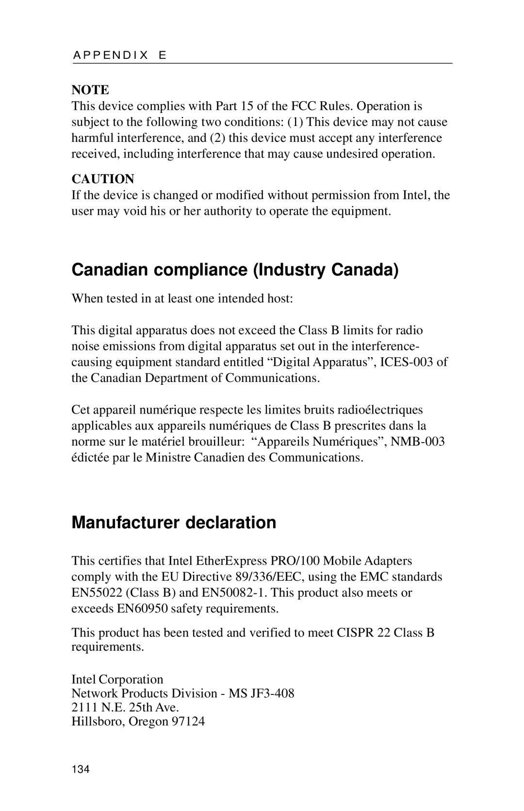 Intel PRO appendix Canadian compliance Industry Canada, Manufacturer declaration 