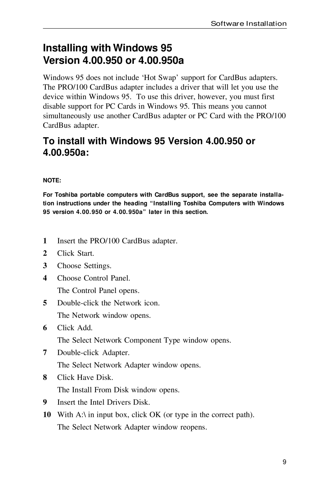 Intel PRO Installing with Windows Version 4.00.950 or 4.00.950a, To install with Windows 95 Version 4.00.950 or 4.00.950a 