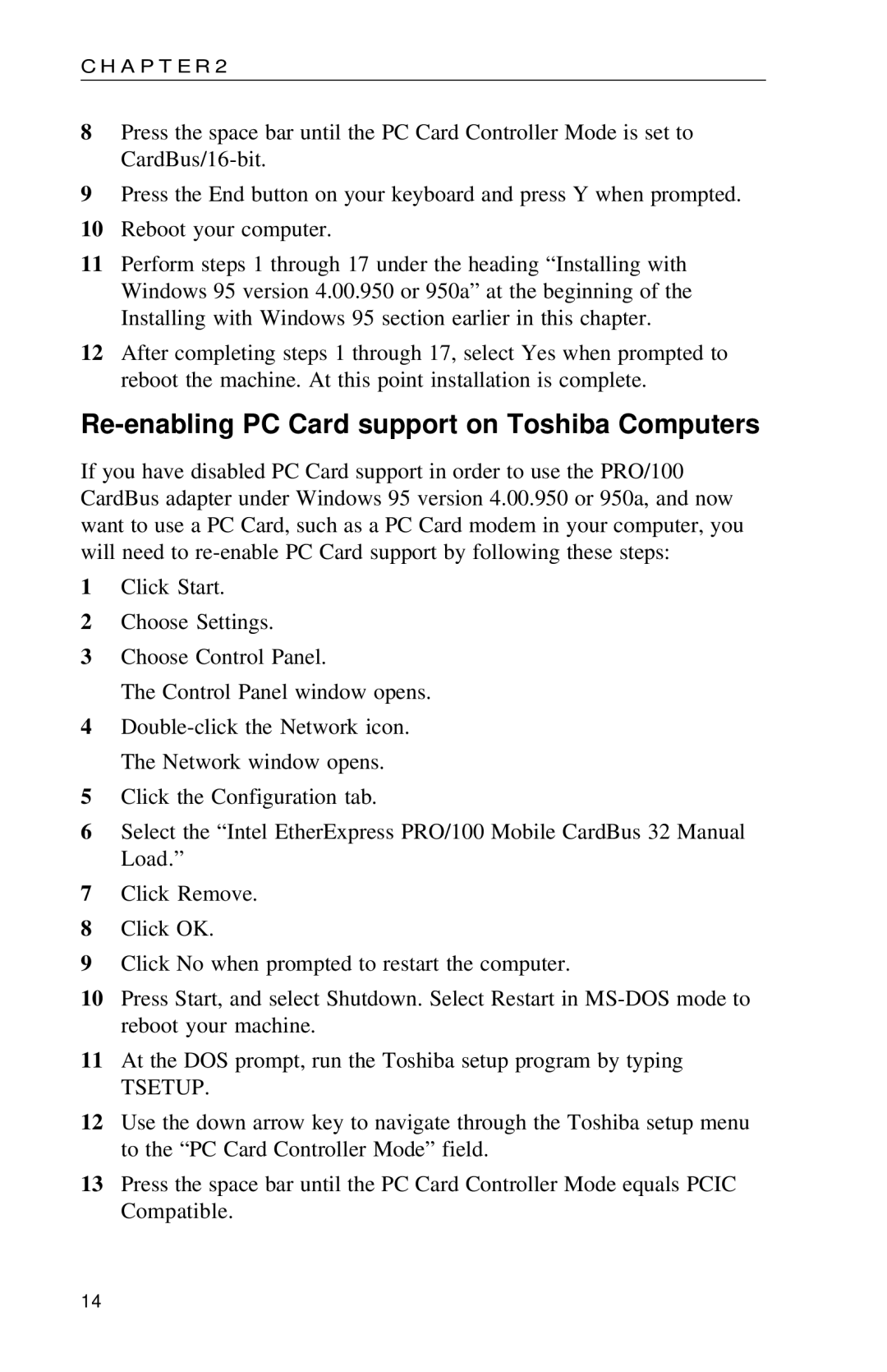 Intel PRO appendix Re-enabling PC Card support on Toshiba Computers, Tsetup 