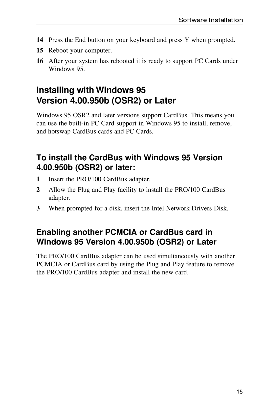 Intel PRO appendix Installing with Windows Version 4.00.950b OSR2 or Later 