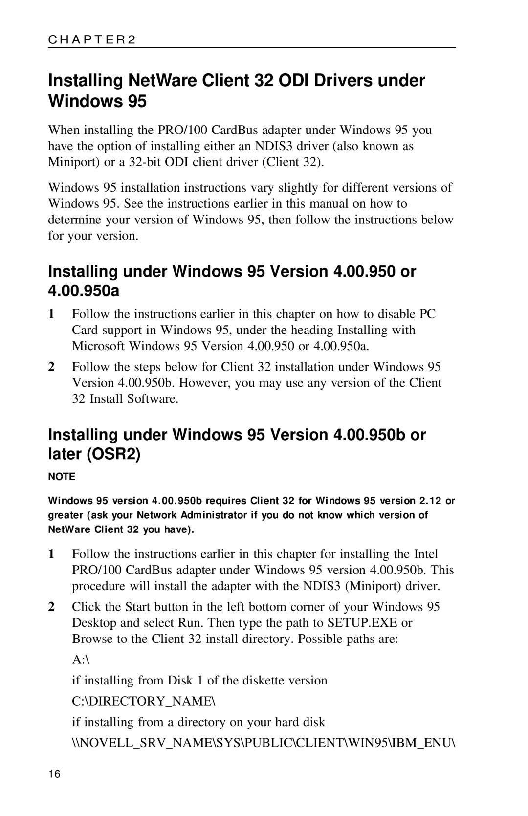 Intel PRO appendix Installing NetWare Client 32 ODI Drivers under Windows 