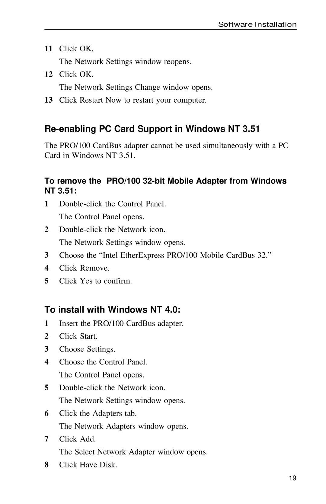 Intel appendix Re-enabling PC Card Support in Windows NT, To remove the PRO/100 32-bit Mobile Adapter from Windows NT 