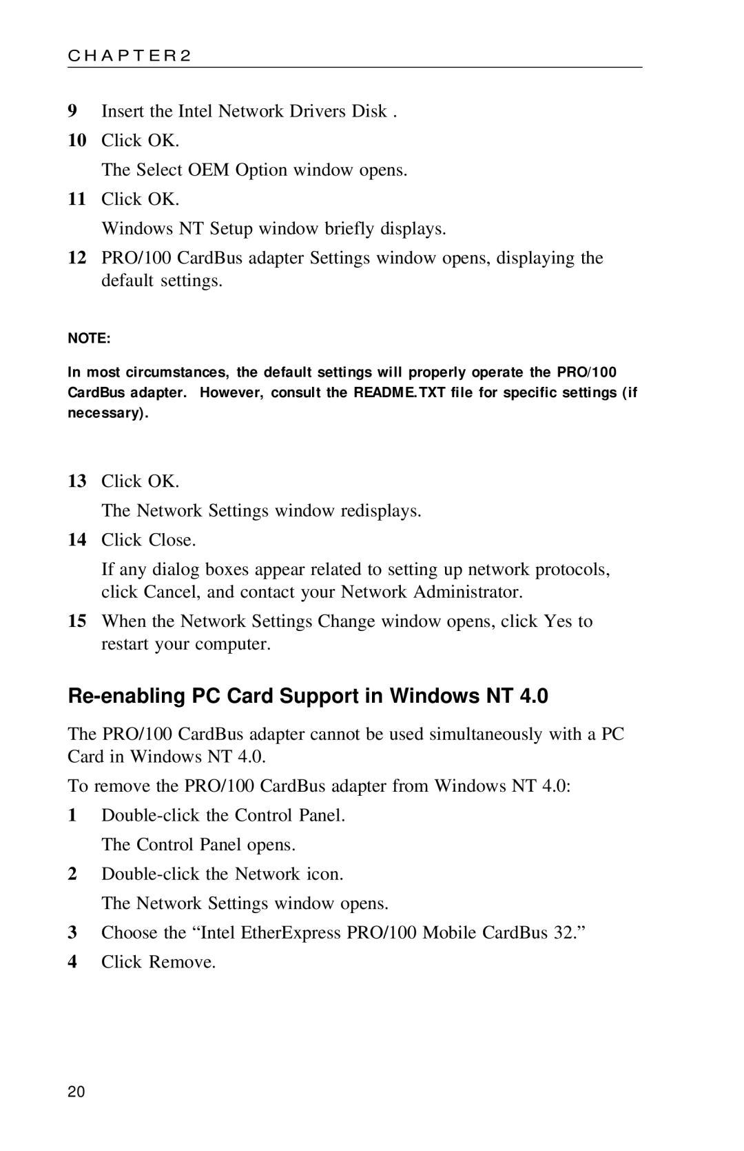Intel PRO appendix Re-enabling PC Card Support in Windows NT 