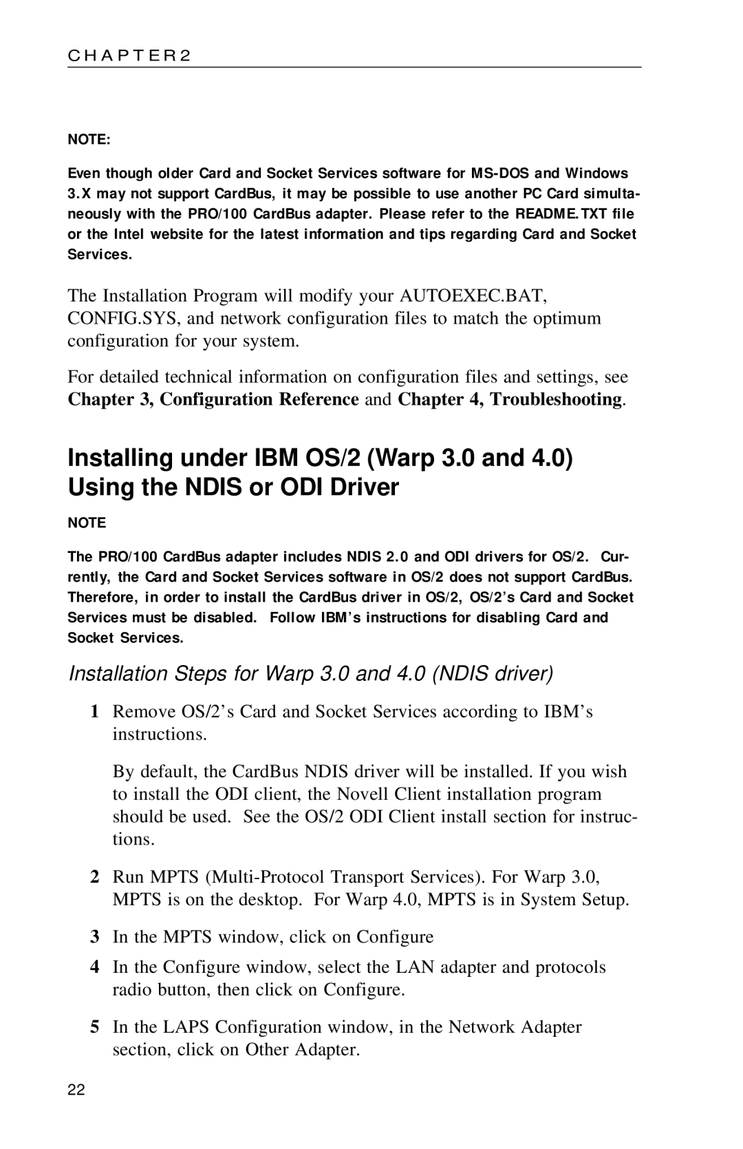 Intel PRO appendix Installation Steps for Warp 3.0 and 4.0 Ndis driver 