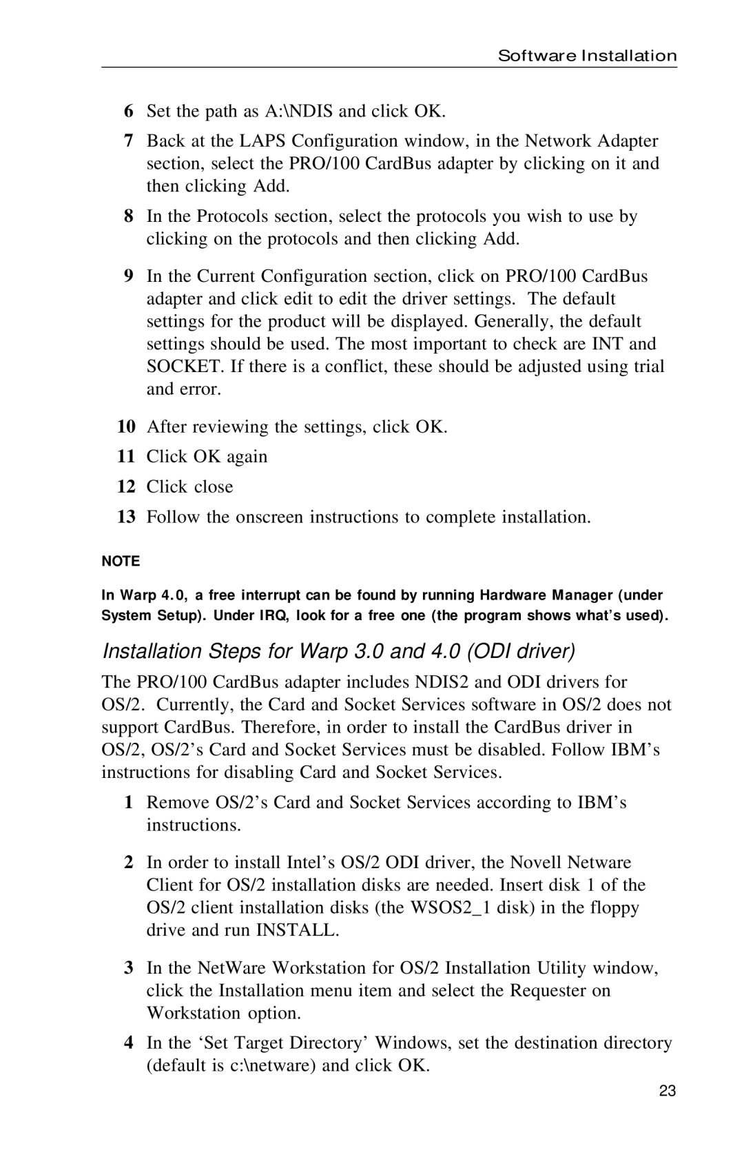 Intel PRO appendix Installation Steps for Warp 3.0 and 4.0 ODI driver 