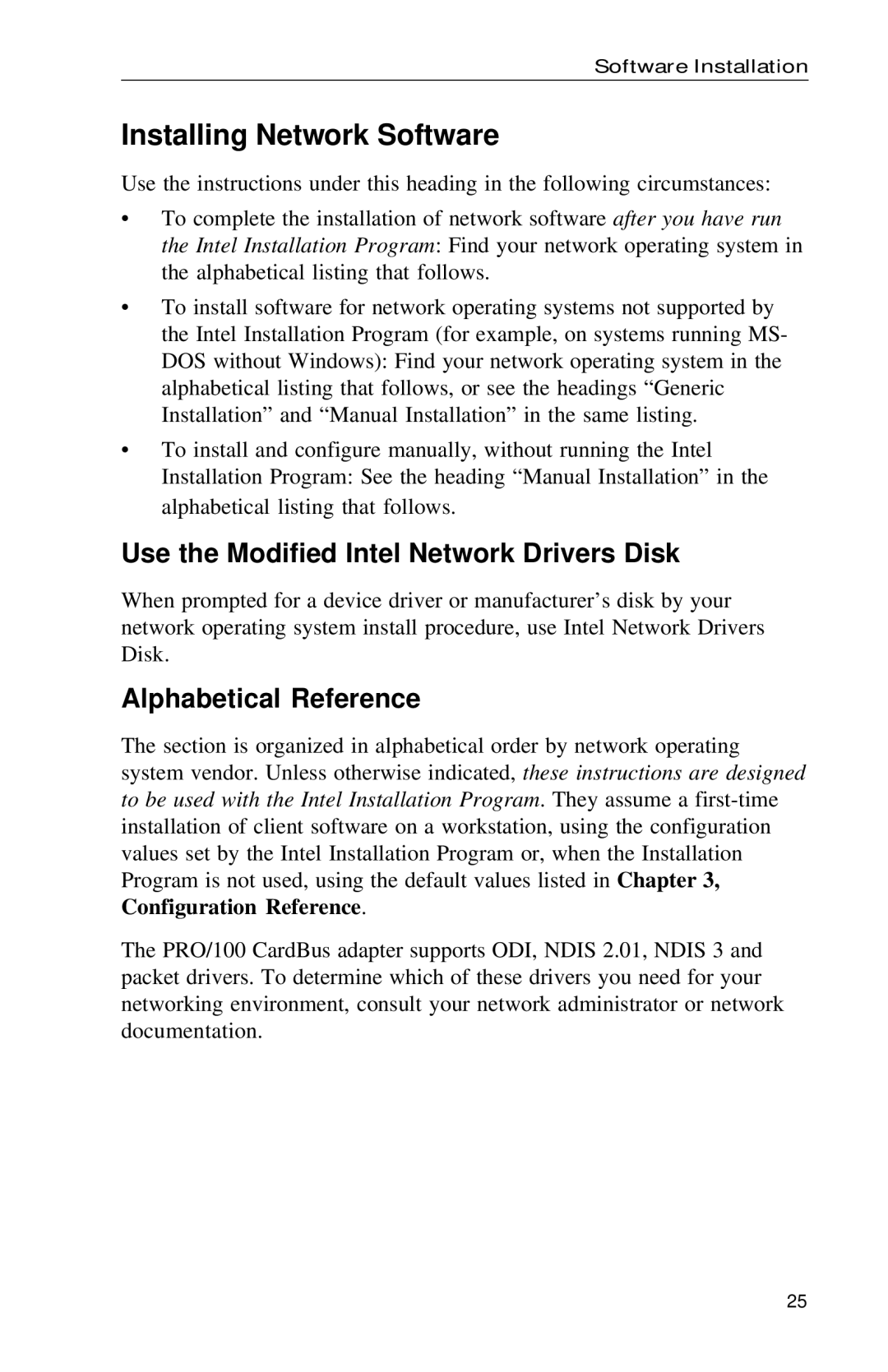 Intel PRO appendix Installing Network Software, Use the Modified Intel Network Drivers Disk, Alphabetical Reference 