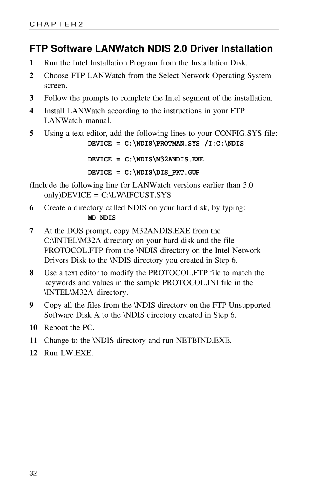 Intel PRO appendix FTP Software LANWatch Ndis 2.0 Driver Installation, MD Ndis 