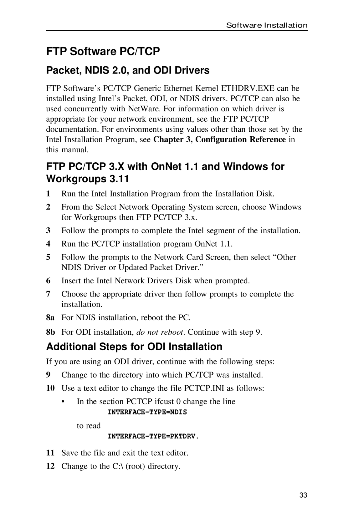 Intel PRO FTP Software PC/TCP, Packet, Ndis 2.0, and ODI Drivers, FTP PC/TCP 3.X with OnNet 1.1 and Windows for Workgroups 