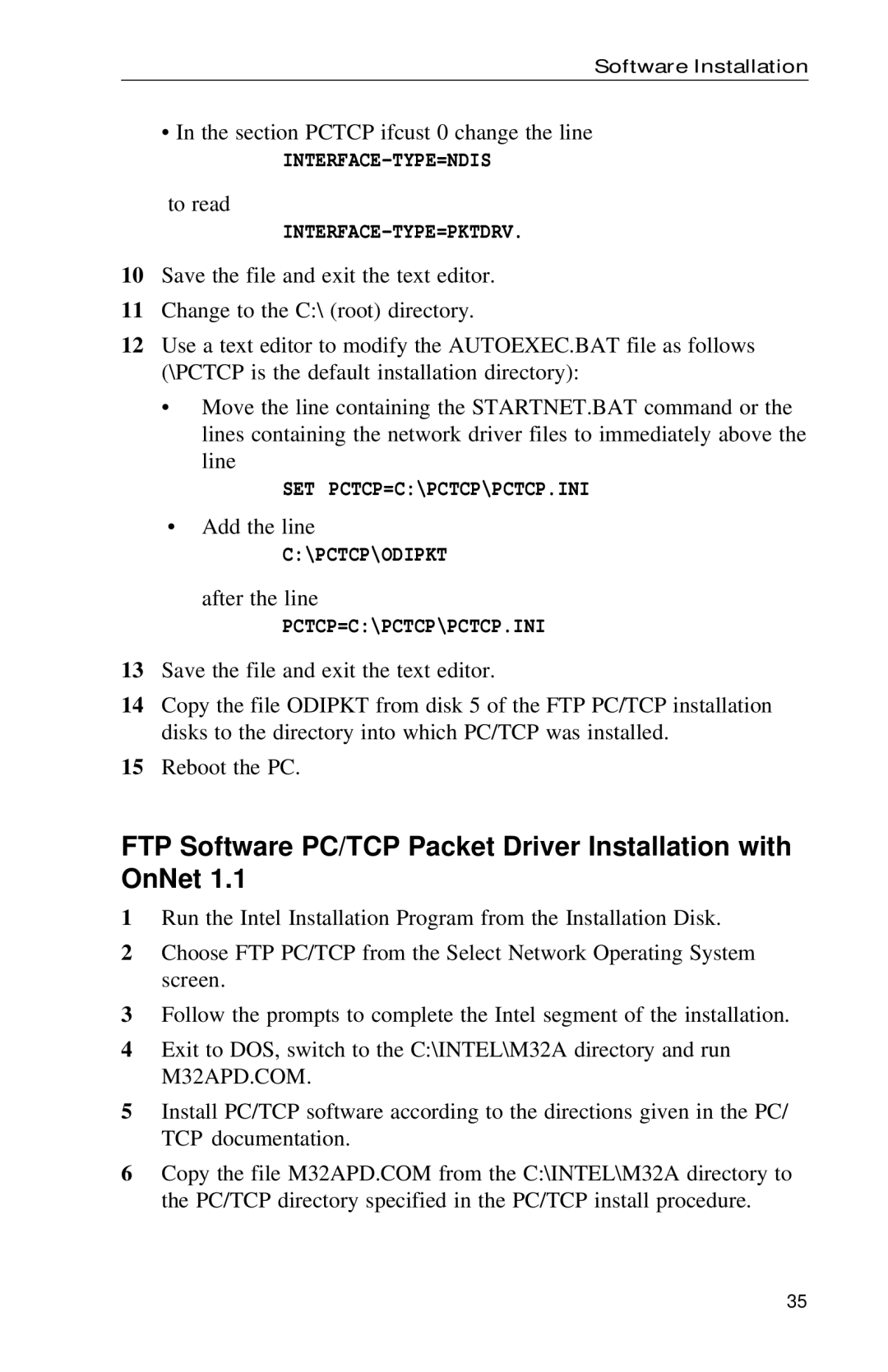 Intel PRO appendix FTP Software PC/TCP Packet Driver Installation with OnNet 