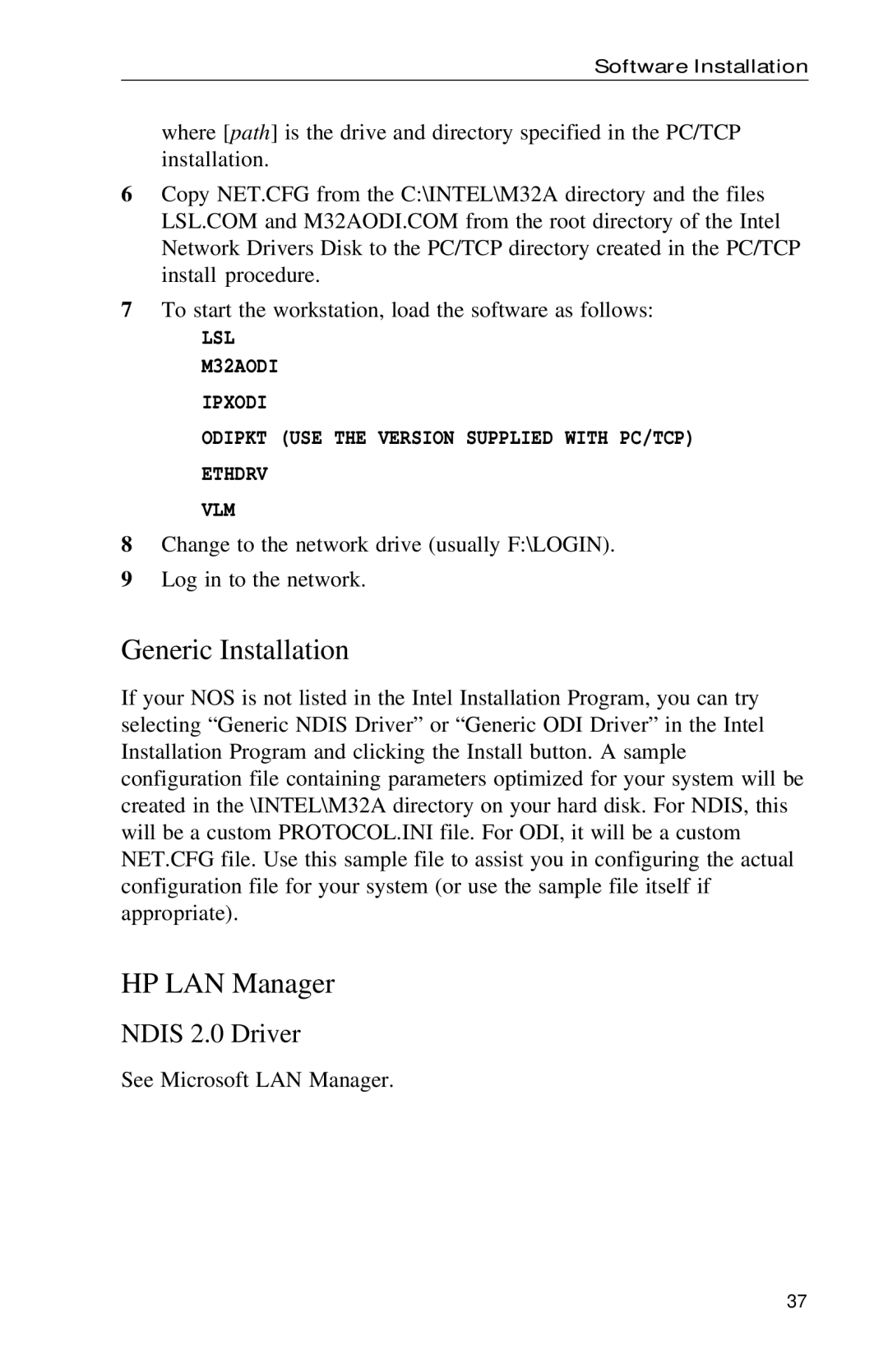 Intel PRO appendix Generic Installation, HP LAN Manager 