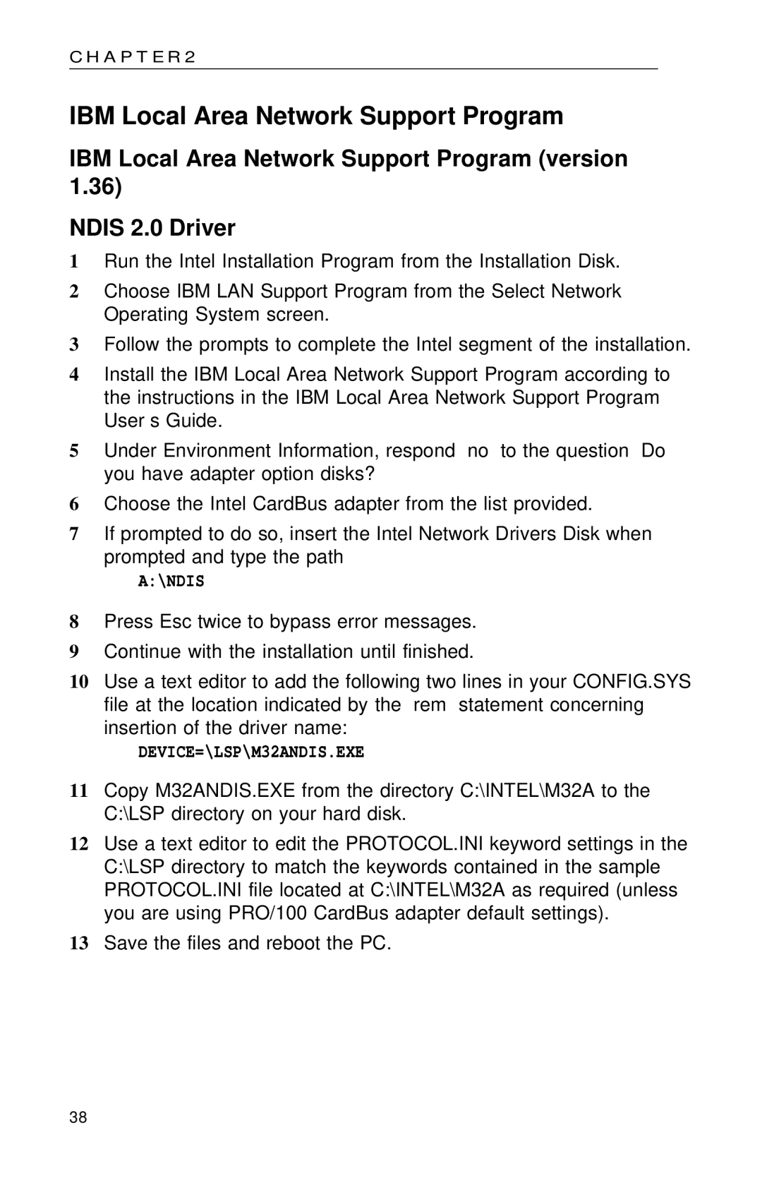 Intel PRO appendix IBM Local Area Network Support Program, Ndis, DEVICE=\LSP\M32ANDIS.EXE 