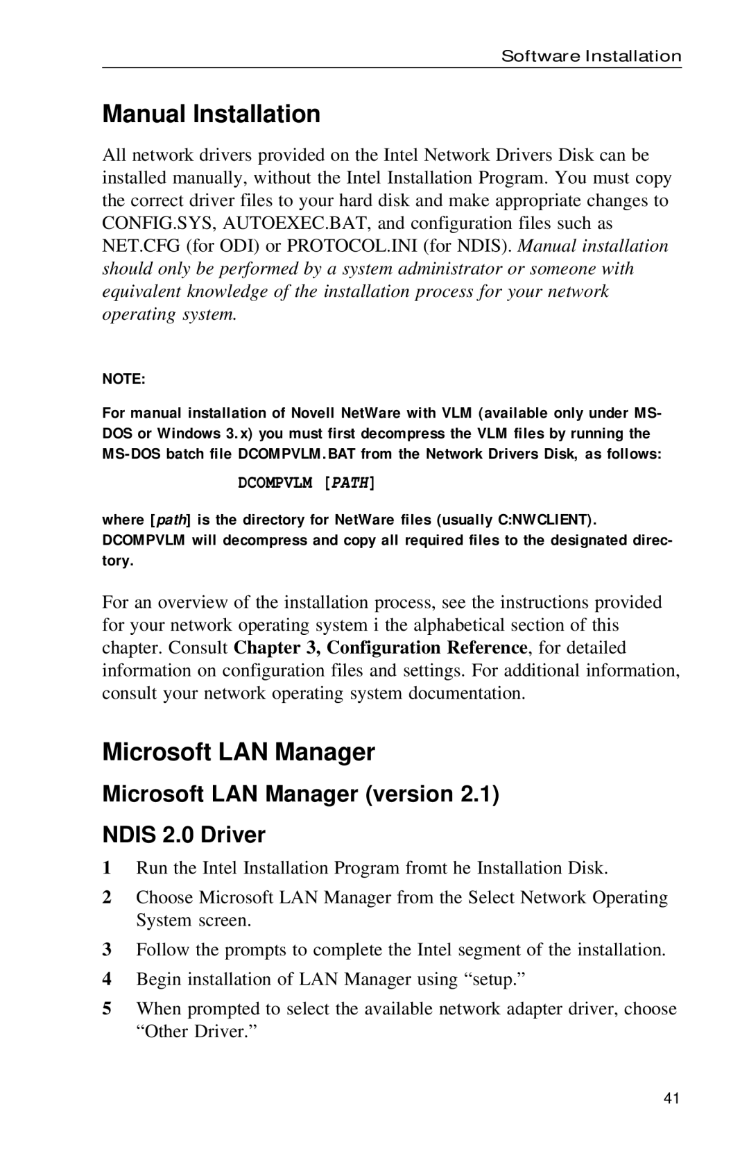 Intel PRO appendix Manual Installation, Microsoft LAN Manager version Ndis 2.0 Driver, Dcompvlm Path 