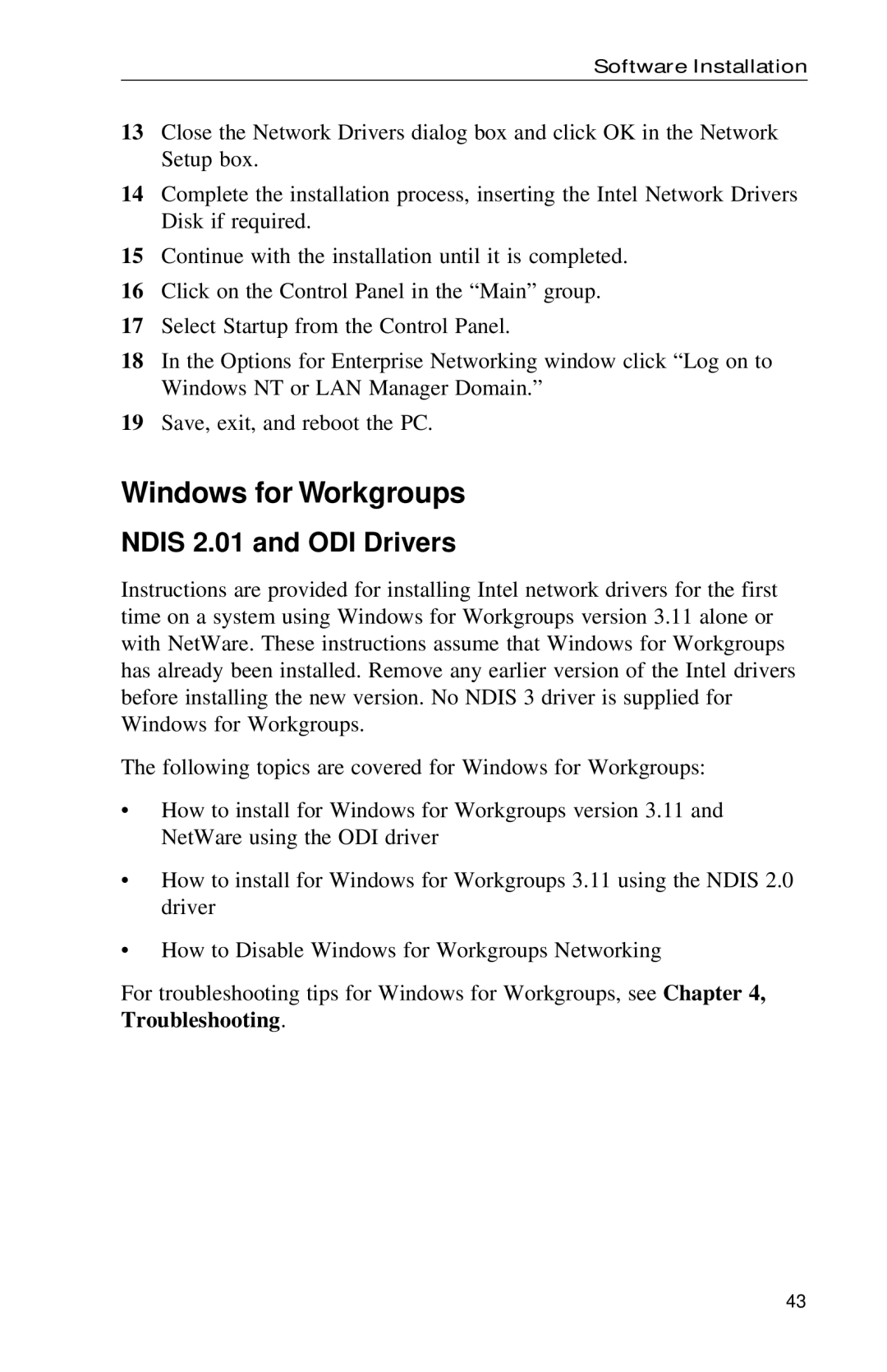 Intel PRO appendix Windows for Workgroups, Ndis 2.01 and ODI Drivers 