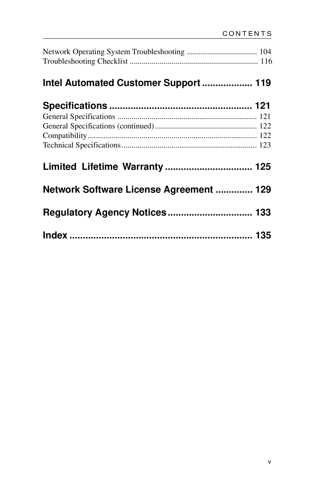 Intel PRO appendix 119, 121, 125, 129, 133, 135 