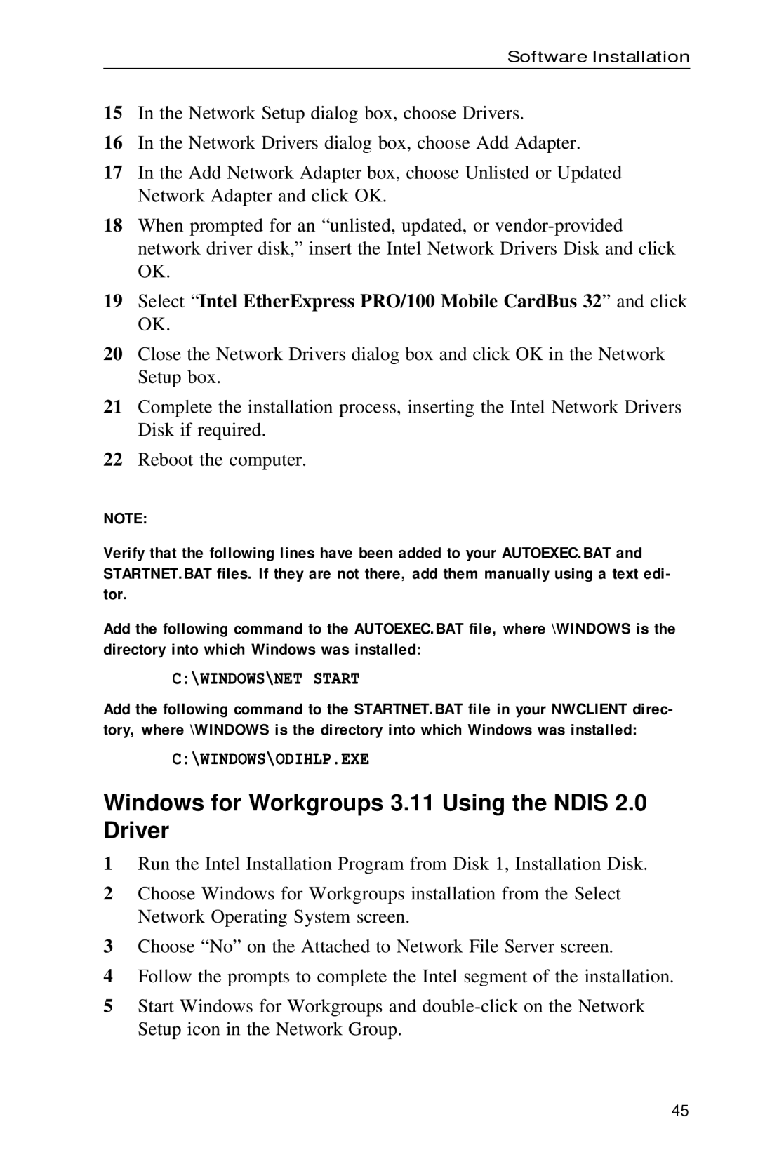 Intel PRO appendix Windows for Workgroups 3.11 Using the Ndis 2.0 Driver, WINDOWS\NET Start, Windows\Odihlp.Exe 