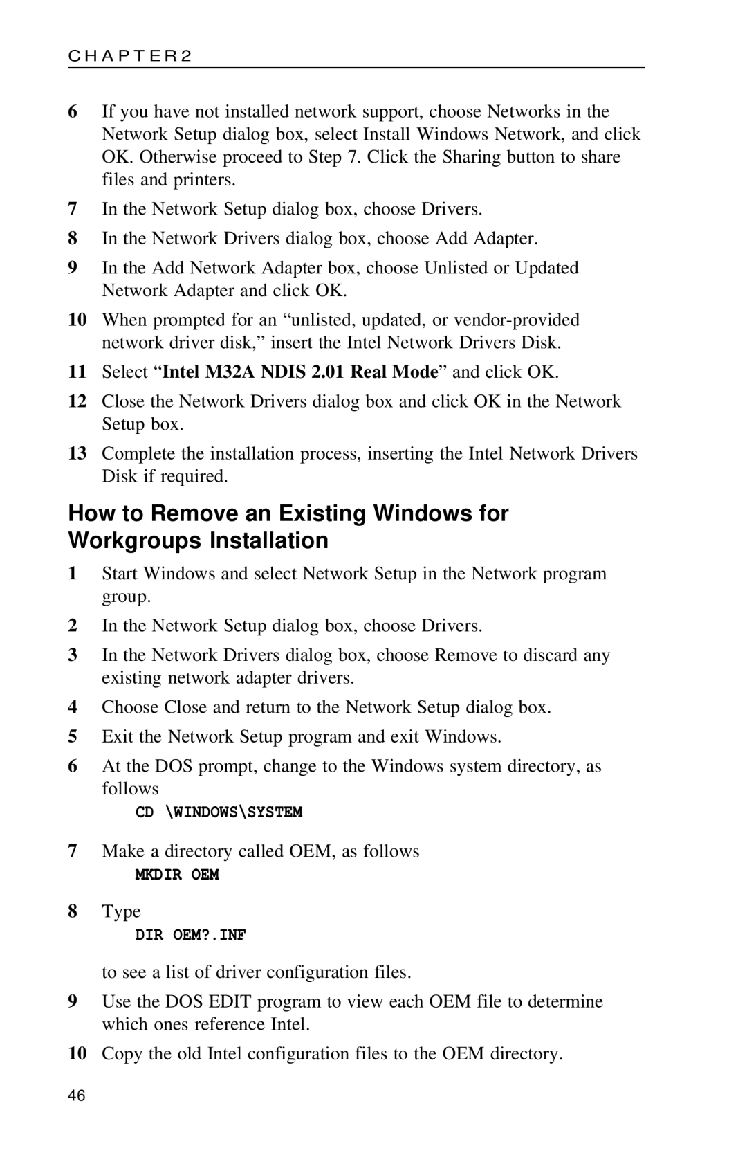 Intel PRO appendix Select Intel M32A Ndis 2.01 Real Mode and click OK, Cd \Windows\System, Mkdir OEM, Dir Oem?.Inf 