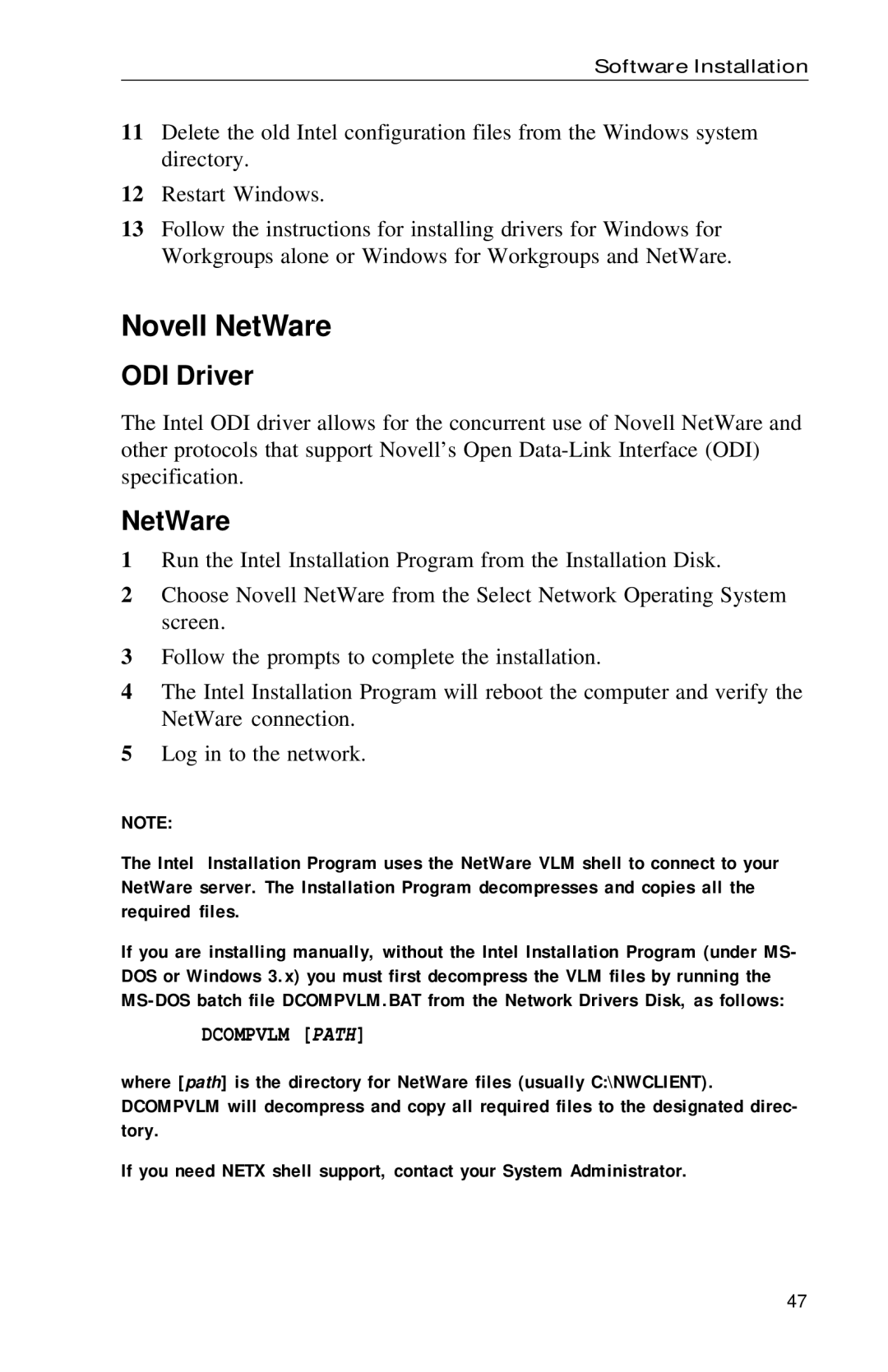 Intel PRO appendix Novell NetWare, ODI Driver 