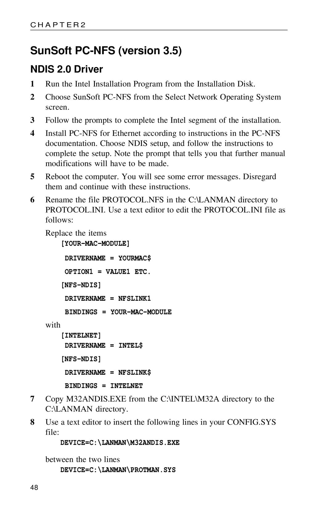 Intel PRO appendix SunSoft PC-NFS version 