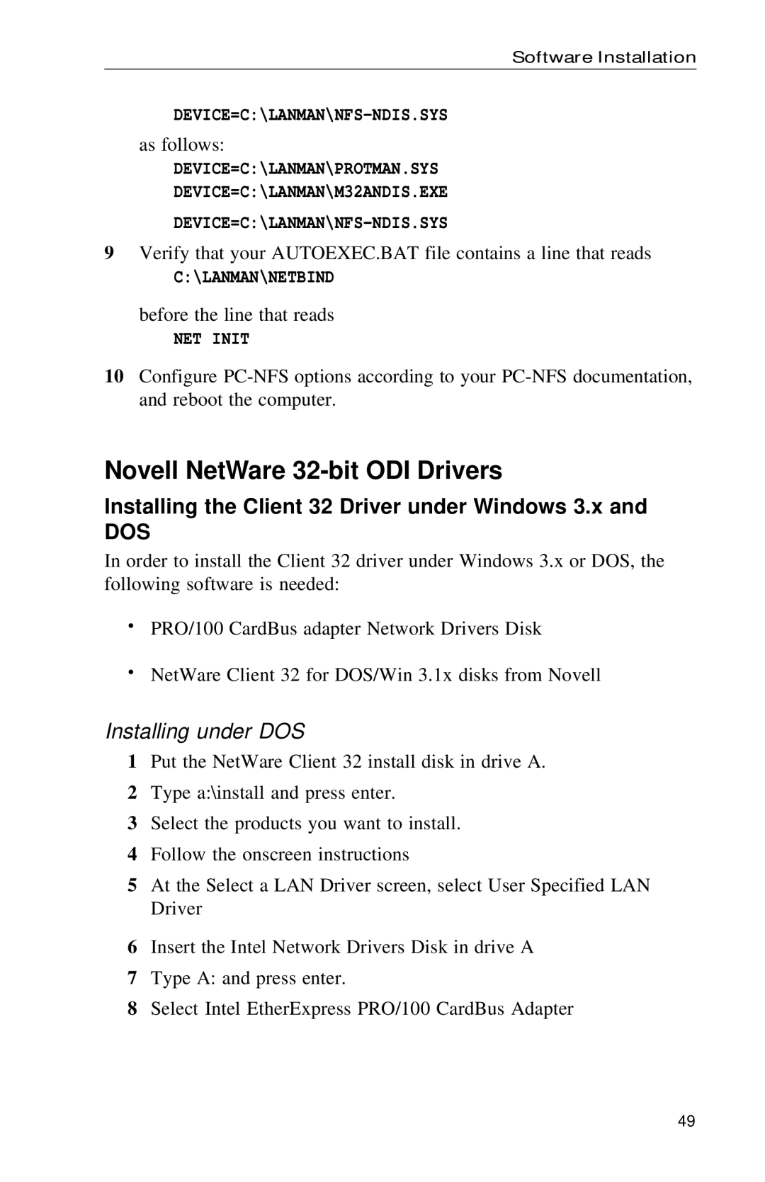 Intel PRO Novell NetWare 32-bit ODI Drivers, Installing the Client 32 Driver under Windows 3.x, Lanman\Netbind, NET Init 