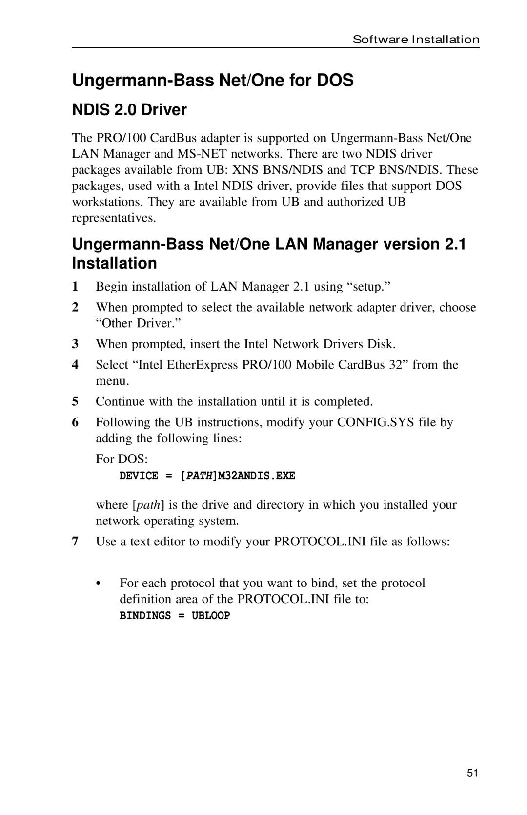 Intel PRO Ungermann-Bass Net/One for DOS, Ungermann-Bass Net/One LAN Manager version 2.1 Installation, Bindings = Ubloop 