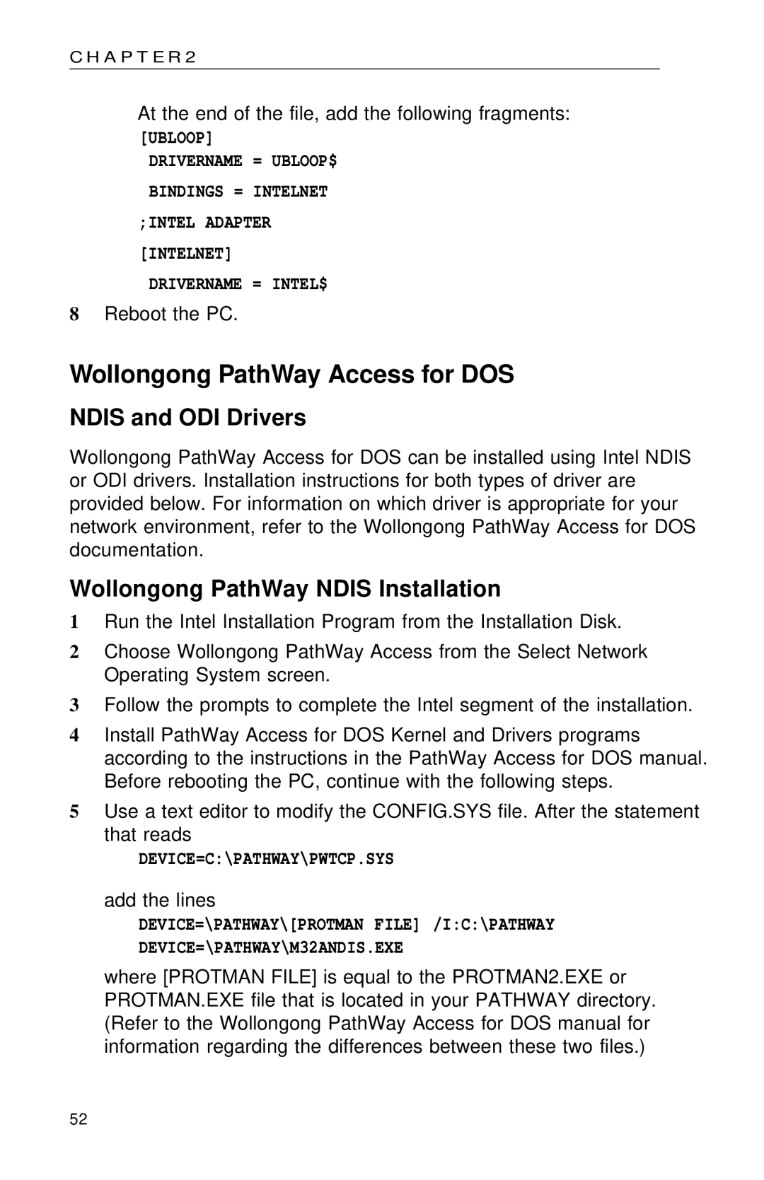 Intel PRO appendix Wollongong PathWay Access for DOS, Ndis and ODI Drivers, Wollongong PathWay Ndis Installation 