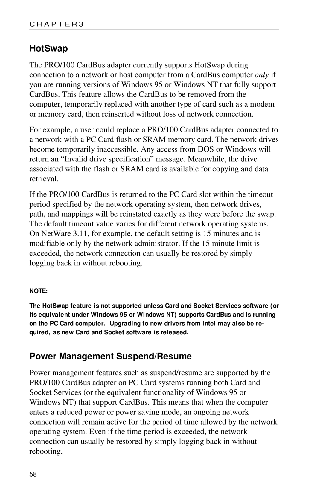 Intel PRO appendix HotSwap, Power Management Suspend/Resume 