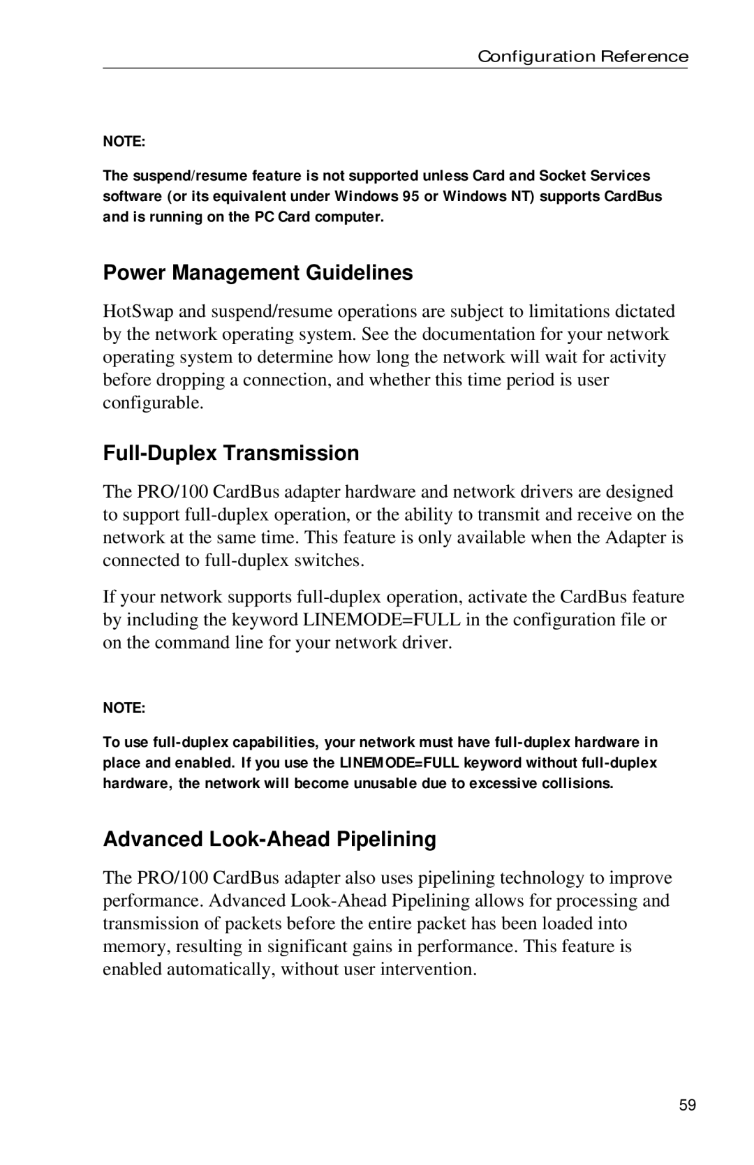 Intel PRO appendix Power Management Guidelines, Full-Duplex Transmission, Advanced Look-Ahead Pipelining 