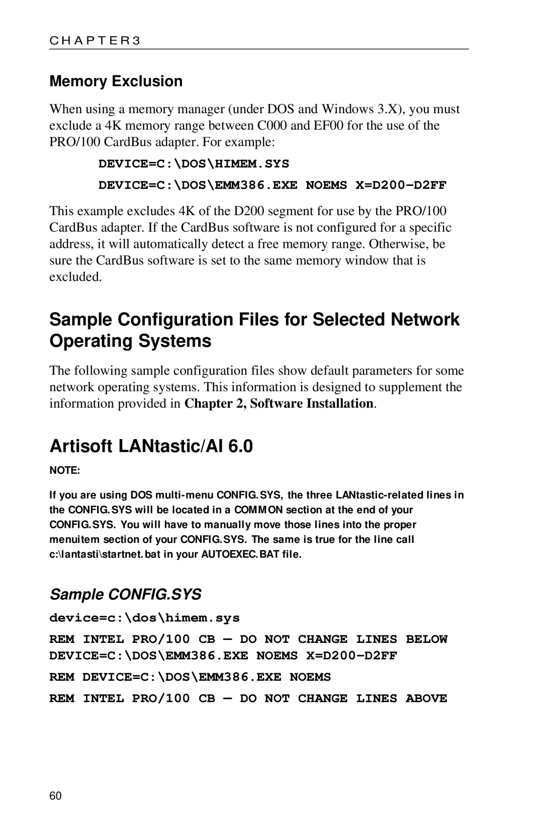 Intel PRO appendix Artisoft LANtastic/AI, Memory Exclusion 