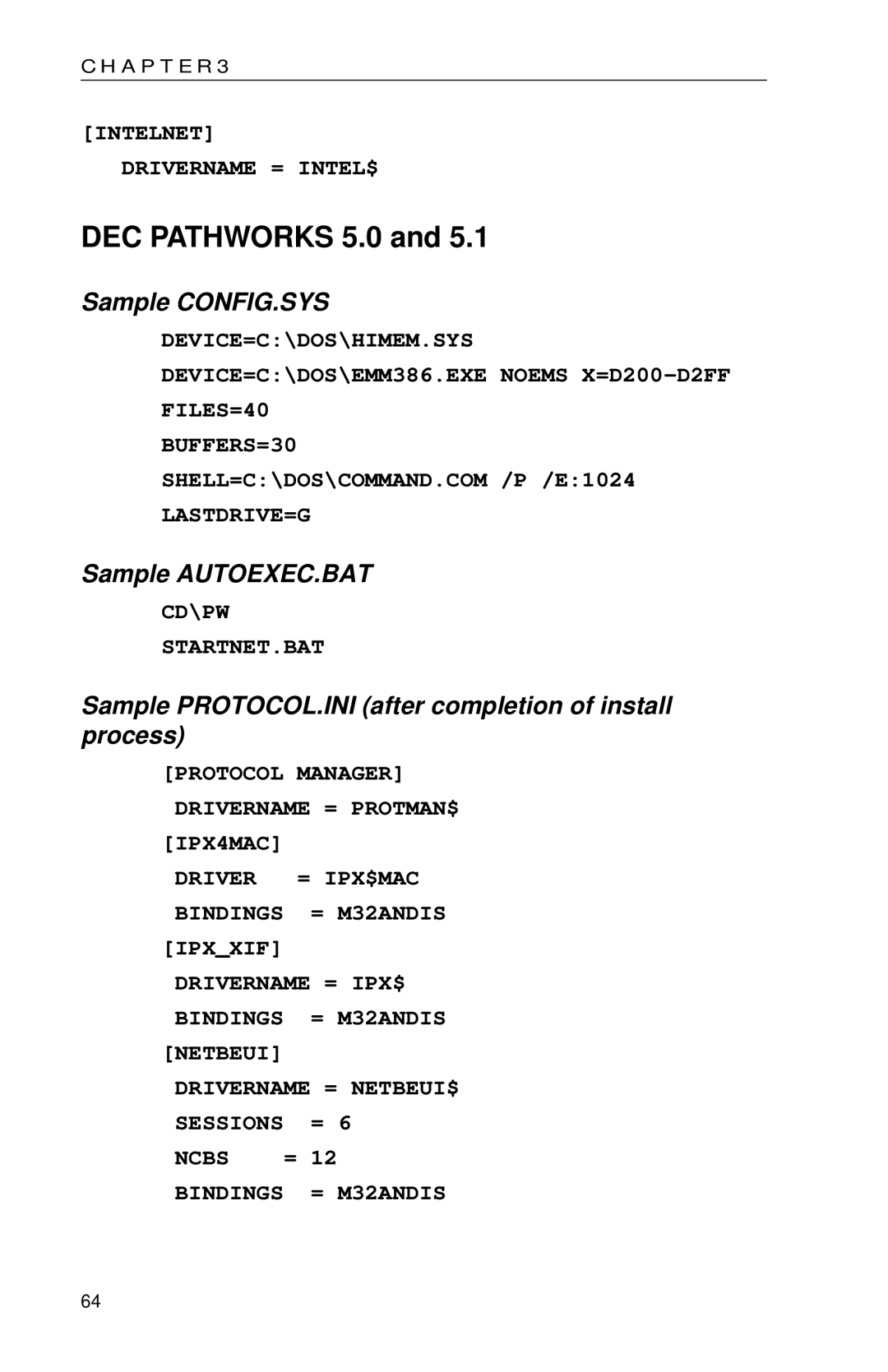 Intel PRO appendix DEC Pathworks 5.0, Cd\Pw Startnet.Bat 