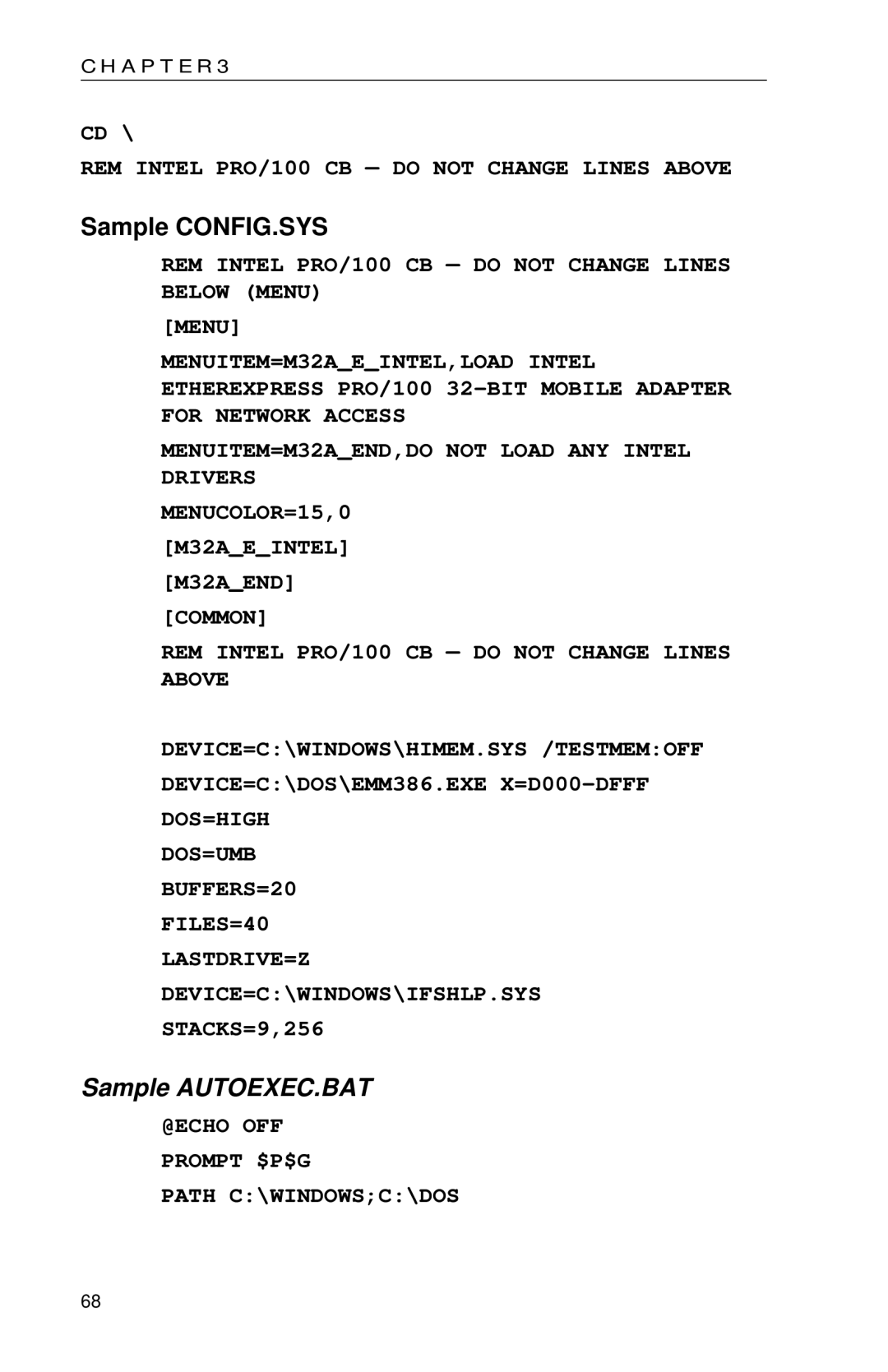 Intel PRO appendix Sample CONFIG.SYS, @ECHO OFF Prompt $P$G Path C\WINDOWSC\DOS 