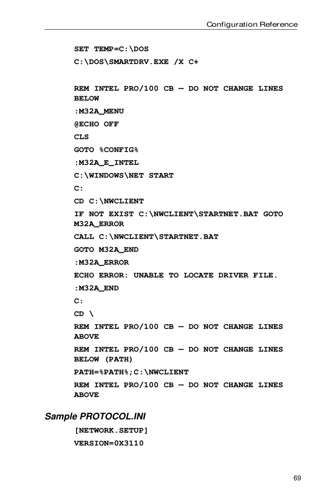 Intel PRO appendix NETWORK.SETUP VERSION=0X3110 