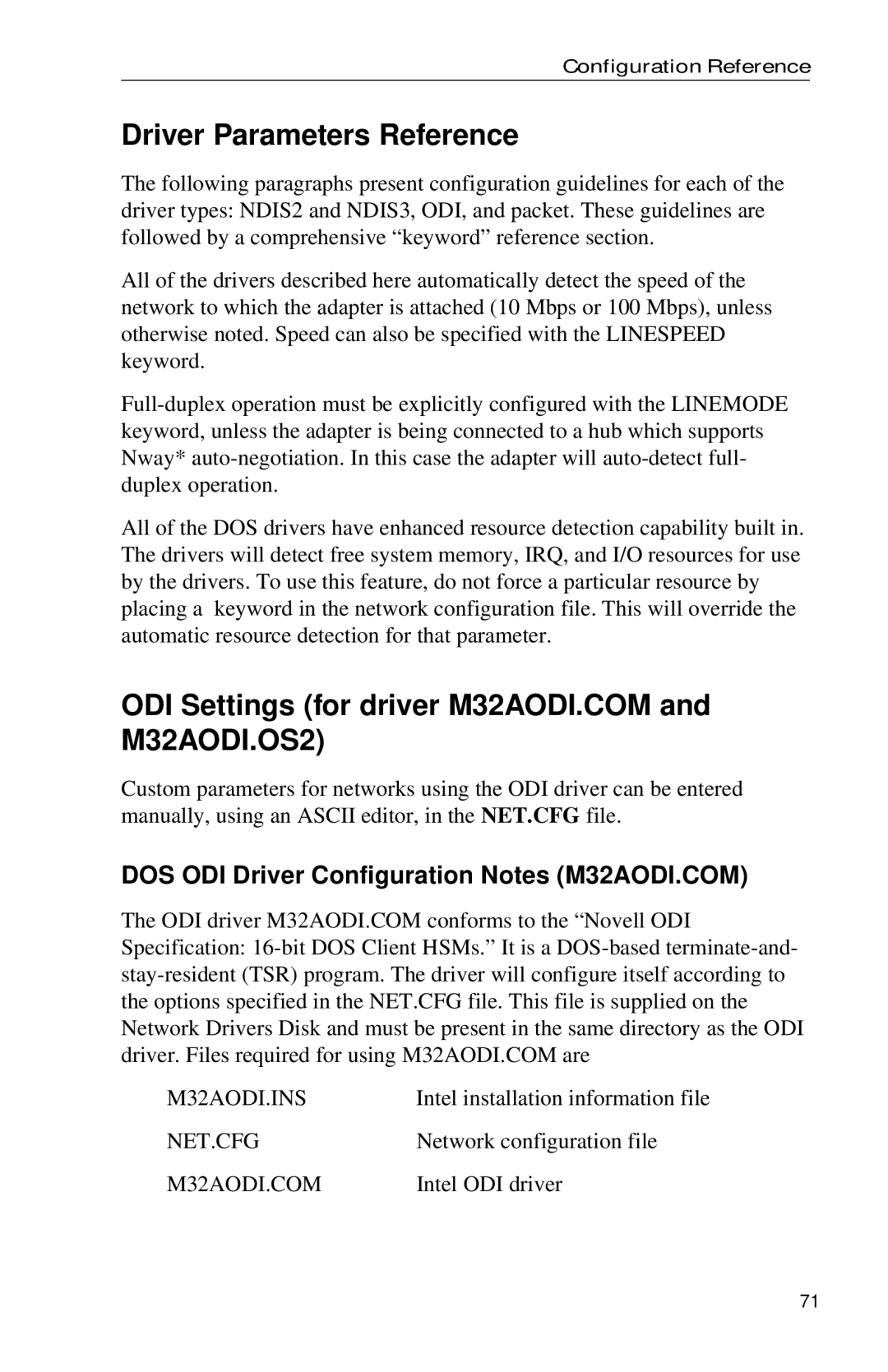 Intel PRO appendix Driver Parameters Reference, DOS ODI Driver Configuration Notes M32AODI.COM 