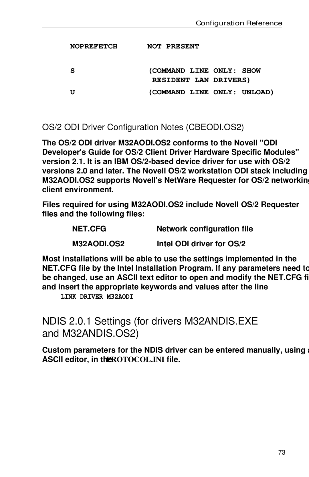 Intel PRO appendix OS/2 ODI Driver Configuration Notes CBEODI.OS2, M32AODI.OS2 