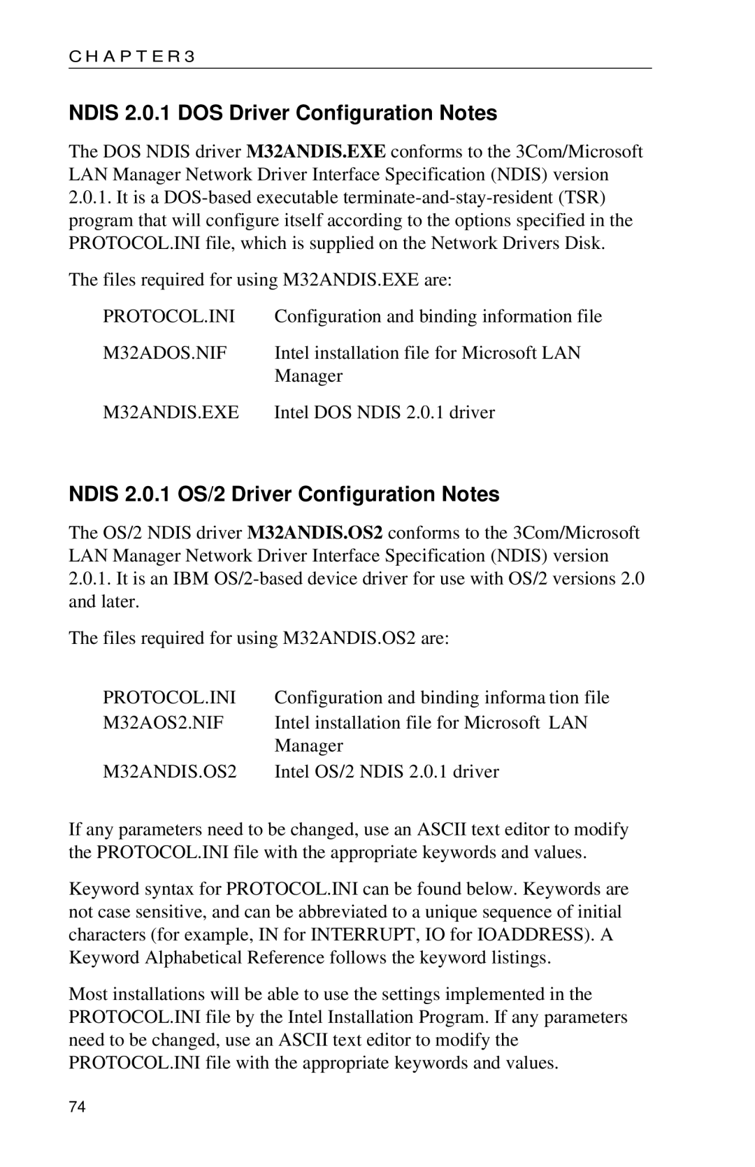 Intel PRO appendix Ndis 2.0.1 DOS Driver Configuration Notes, Ndis 2.0.1 OS/2 Driver Configuration Notes 