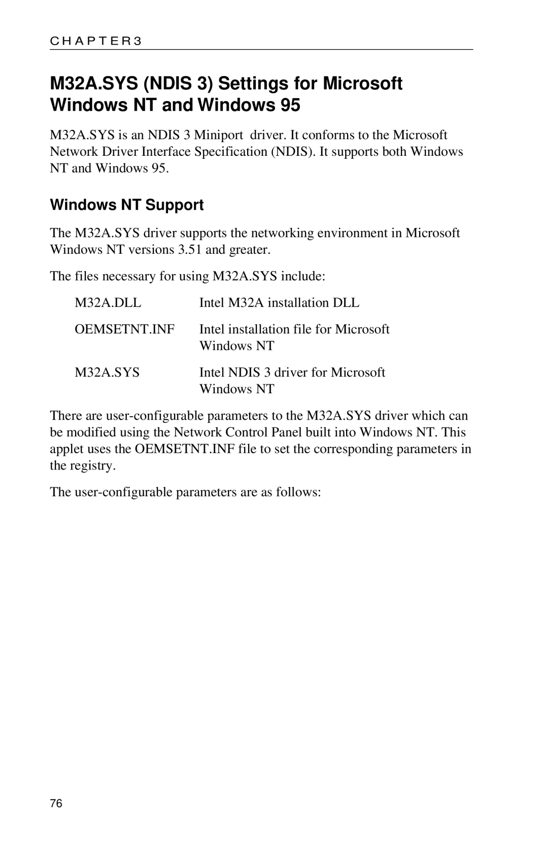 Intel PRO appendix Windows NT Support, M32A.SYS 
