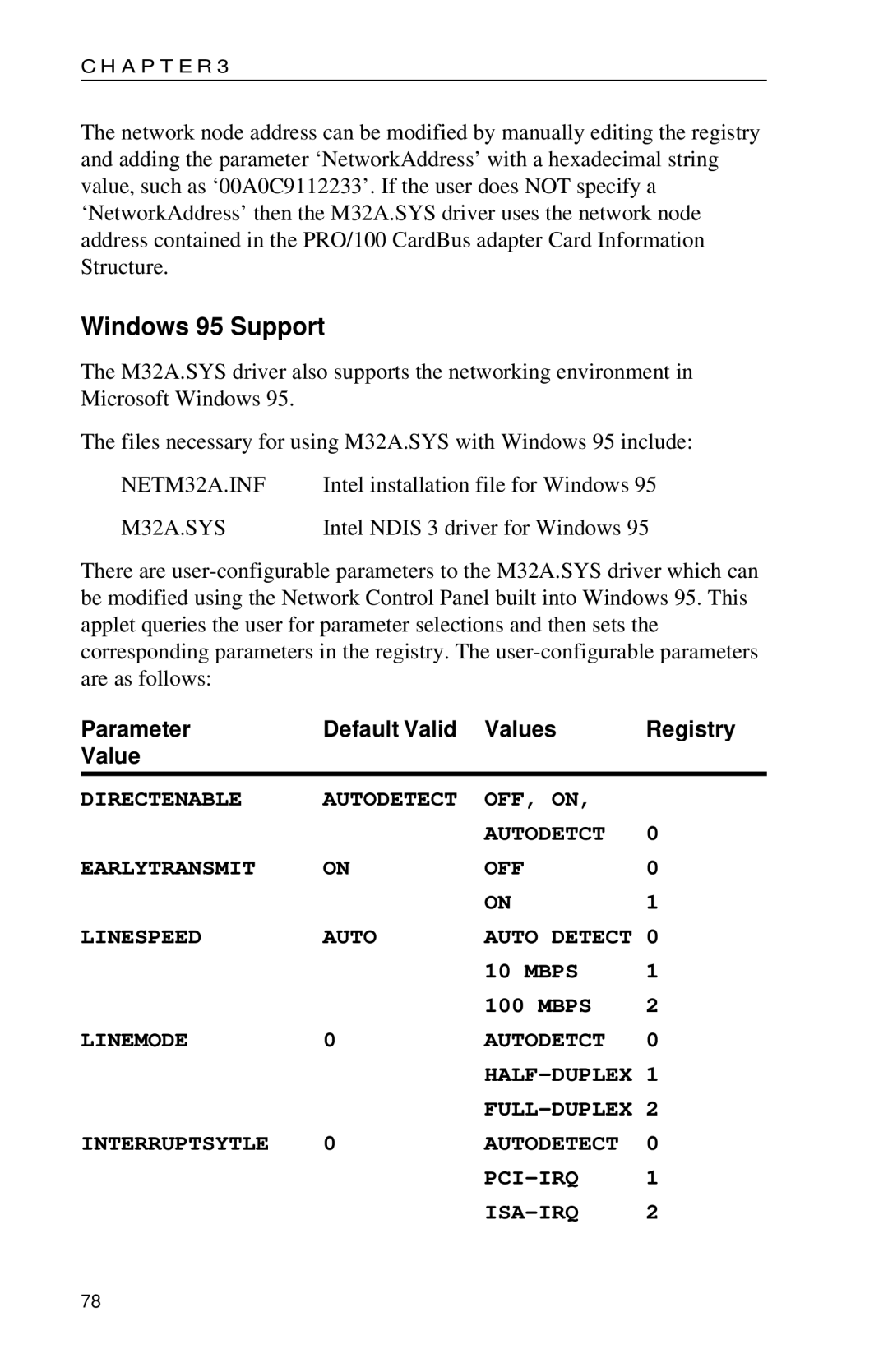 Intel PRO appendix Windows 95 Support, Parameter Default Valid Values Registry 